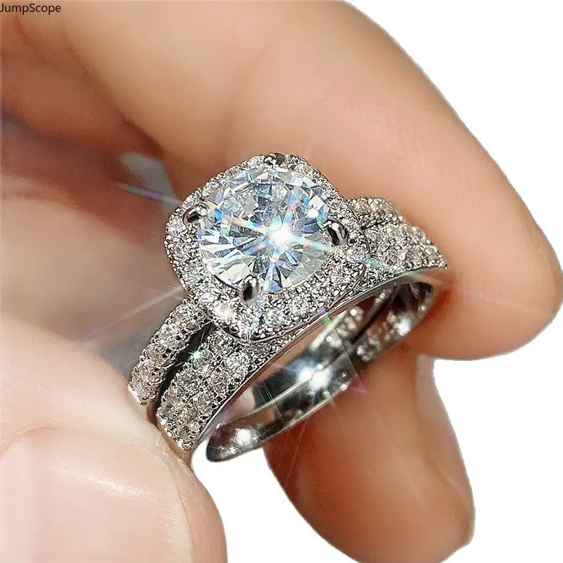 Silver Tone Cushion Halo Cubic Zirconia Bridal Ring Set, Fully Paved Crystal Stackable Two-Piece Bands, Luxury Women Engagement Wedding Finger Jewelry