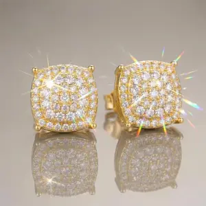 [2026 Trend Alert ] Unisex 12mm Full Pavé Geometric Square Stud Earrings, Hip Hop Oversized Luxury AAA Zircon Artificial Gemstone Jewelry for Women