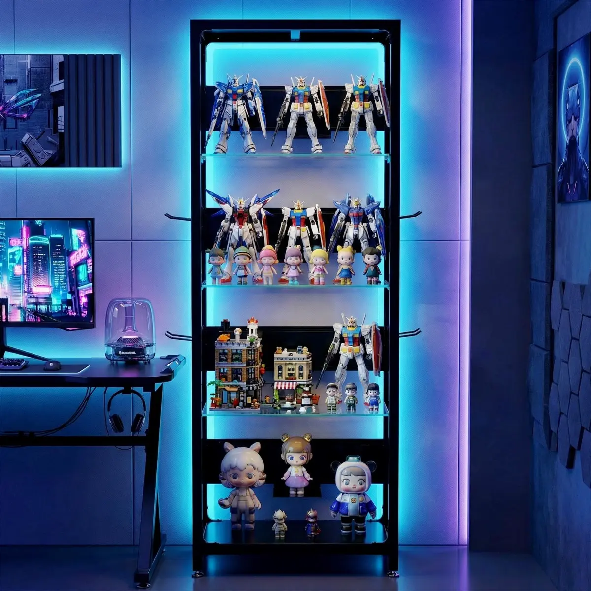 Sturdy 4-Tier Steel Frame Glass Display Cabinet with RGB LED Lights, Adjustable Storage Organiser, Hanging Hooks for Collectibles, Artwork, Living Room, Office, Display Shelf