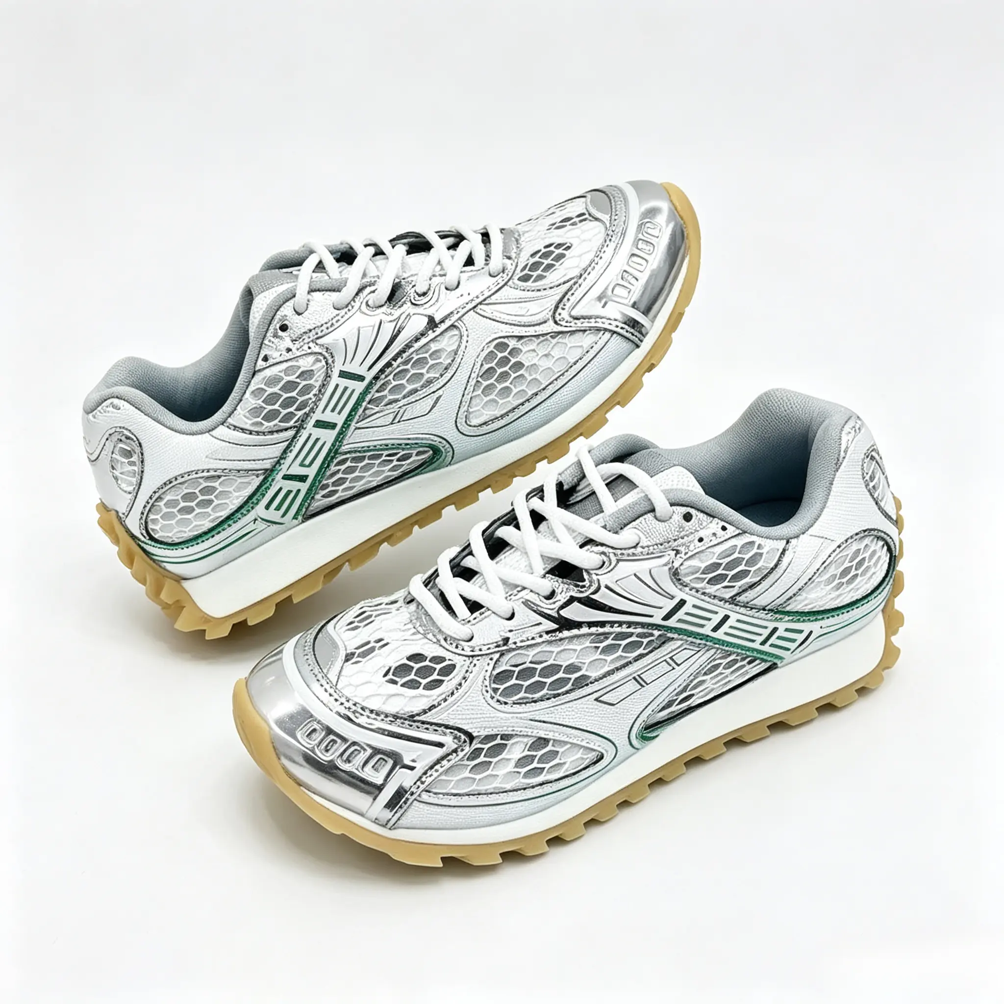Silver White Mesh Retro Running Sneakers for Women, Green Accent Metallic Lace Up Athletic Trainers, Breathable Mesh Casual Walking Shoes, Y2K Streetwear Gum Sole Dad Sneakers