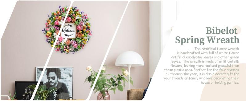 Bibelot Spring Summer Wreath for Front Door, 18 inch Artificial Berries and Colorful Flower Wreath with Welcome Sign, Spring/Summer Greenery Wreath for Front Door Wall Window Festival Decor