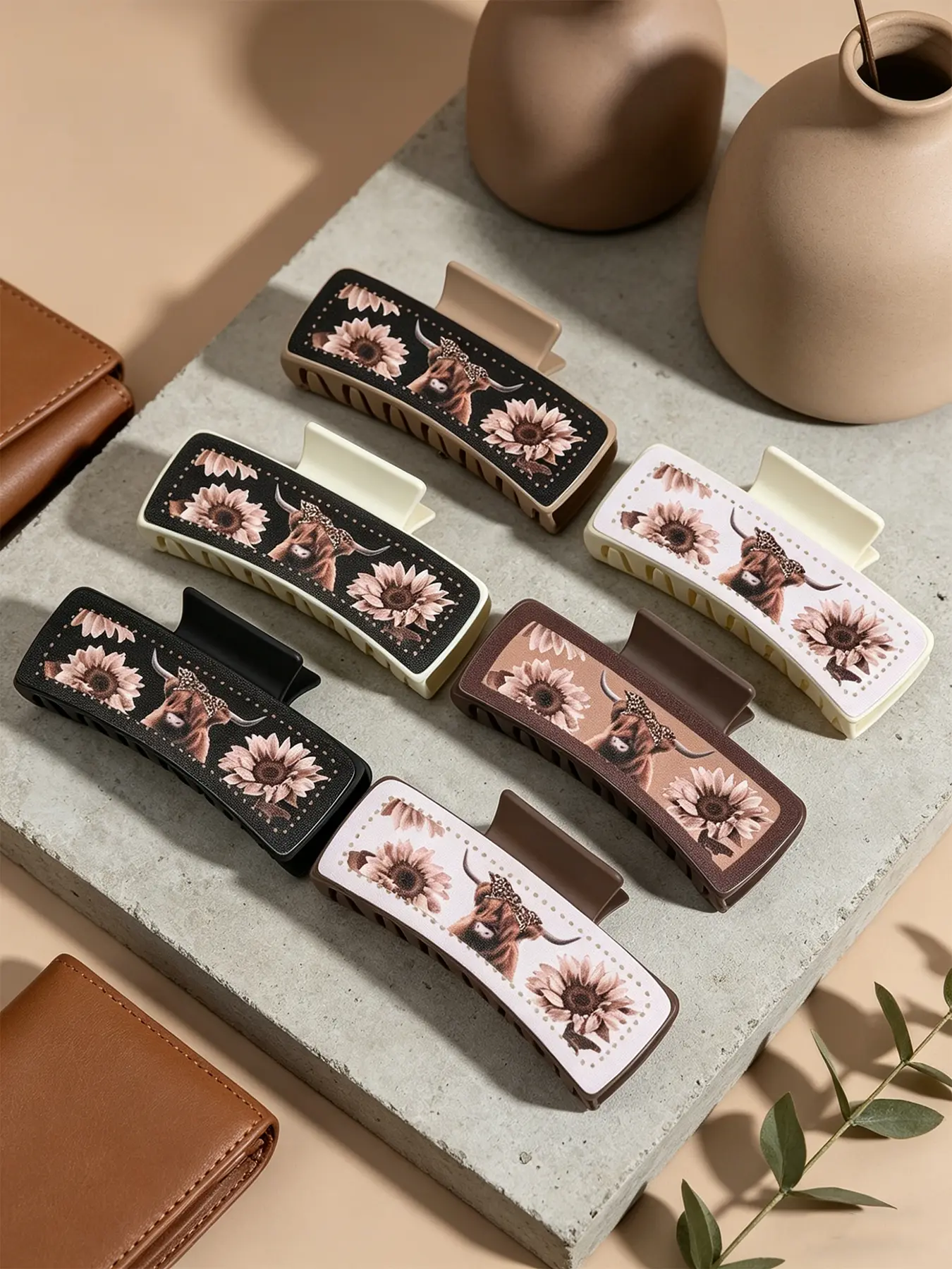 6Pcs Premium Gift Choice Rustic Style Printed Claw Clip Set, Multi-piece Sunflower Highland Cow Hair Clips, No Tug No Damage, Fit for Mom's Daily & Office Use