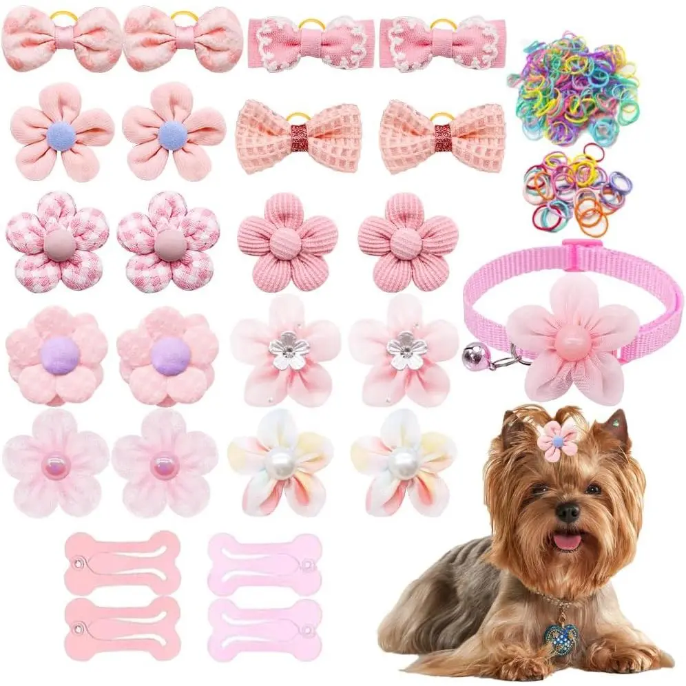 25 count  Hair Accessories Set for Small Medium Dogs, Flower Bows with Rubber Bands, Hair Clip,Floral  Puppy  for Boy Girl Pomeranian Yorkie Poodle Maltese Shih Tzu Groomer ()