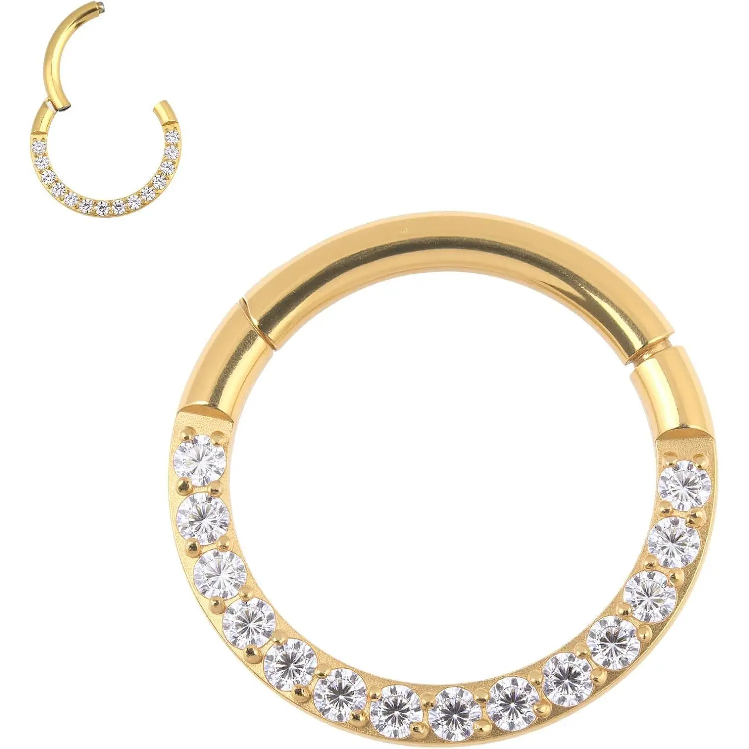 Titanium F136 Hinged Segment Nose Hoop Lip Ring with CZ Crystals, Earring Clicker Closure,Multi-purpose 1PC