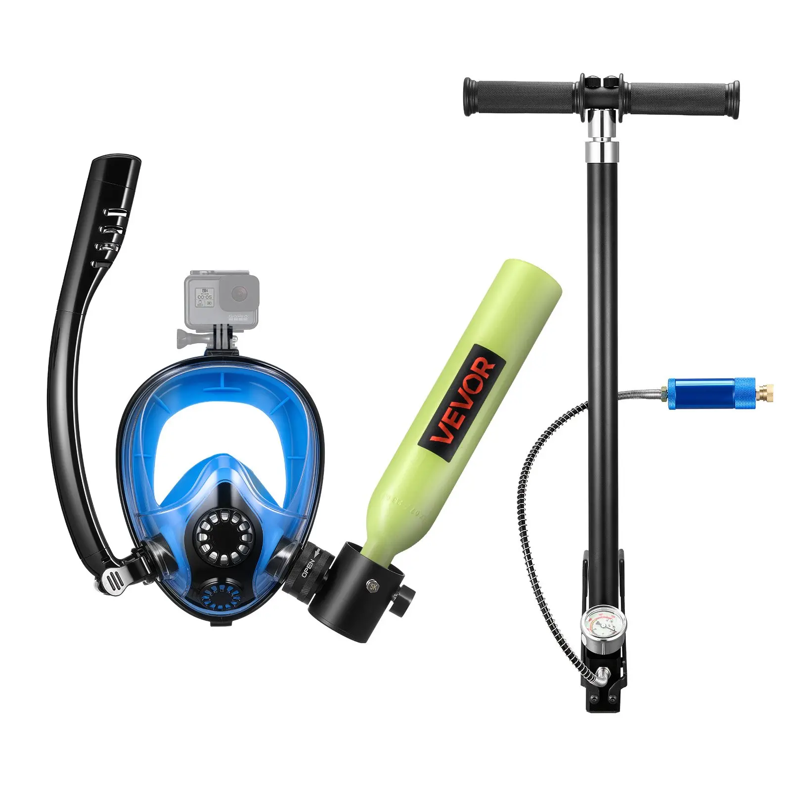VEVOR 0.5L Mini Scuba Diving Tank with Sub-Mask, Manual Pump & External Explosion-Proof Disc, Reusable Portable Underwater Breathing Cylinder (Up to 10 Mins Dive Time), Emergency Rescue Pony Bottle for Snorkels & Hands-Free Shooting