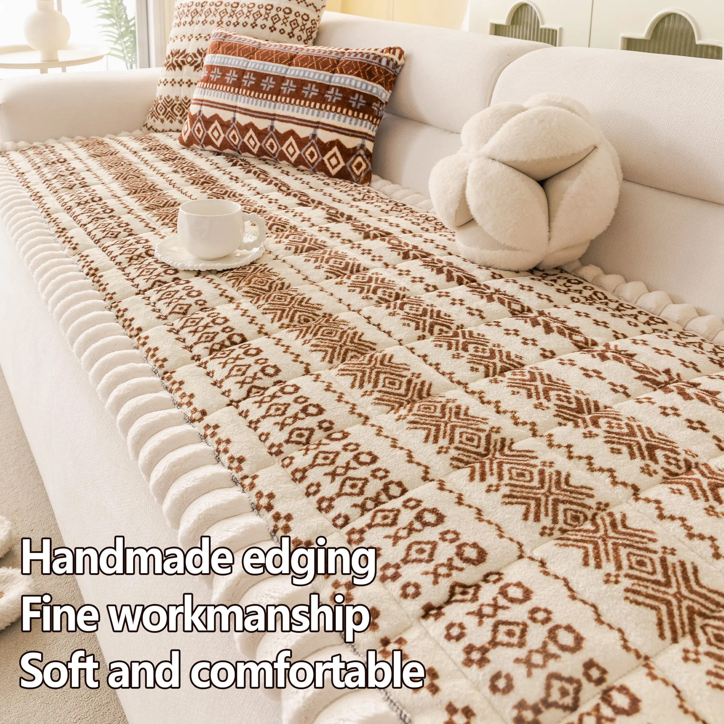 Classic Bohemian Sofa Cushion, Premium Short Plush, Pet Friendly, Non-Slip Comfort Pad, Suitable for Single to Four Seat Sofas