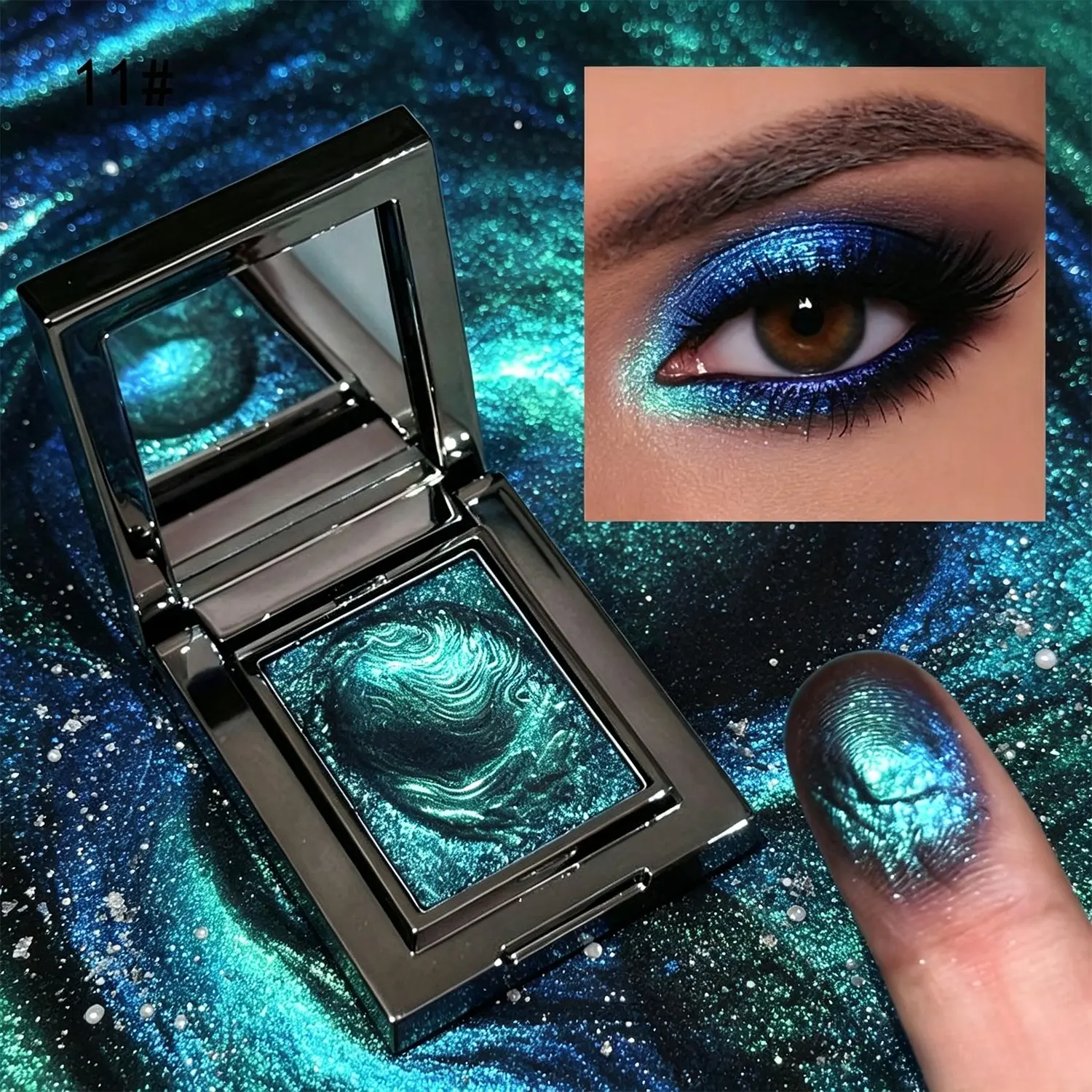 Blue & green chameleon eyeshadow palette with creamy mousse texture. Pearl luster & crushed glitter deliver 3D shifting highlight, full cool & warm tones, versatile cosmetic for daily soft makeup and dramatic party eye looks. Multichrome Eyeshadow