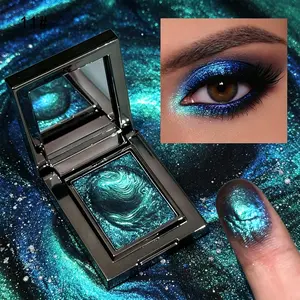 Blue & green chameleon eyeshadow palette with creamy mousse texture. Pearl luster & crushed glitter deliver 3D shifting highlight, full cool & warm tones, versatile cosmetic for daily soft makeup and dramatic party eye looks.