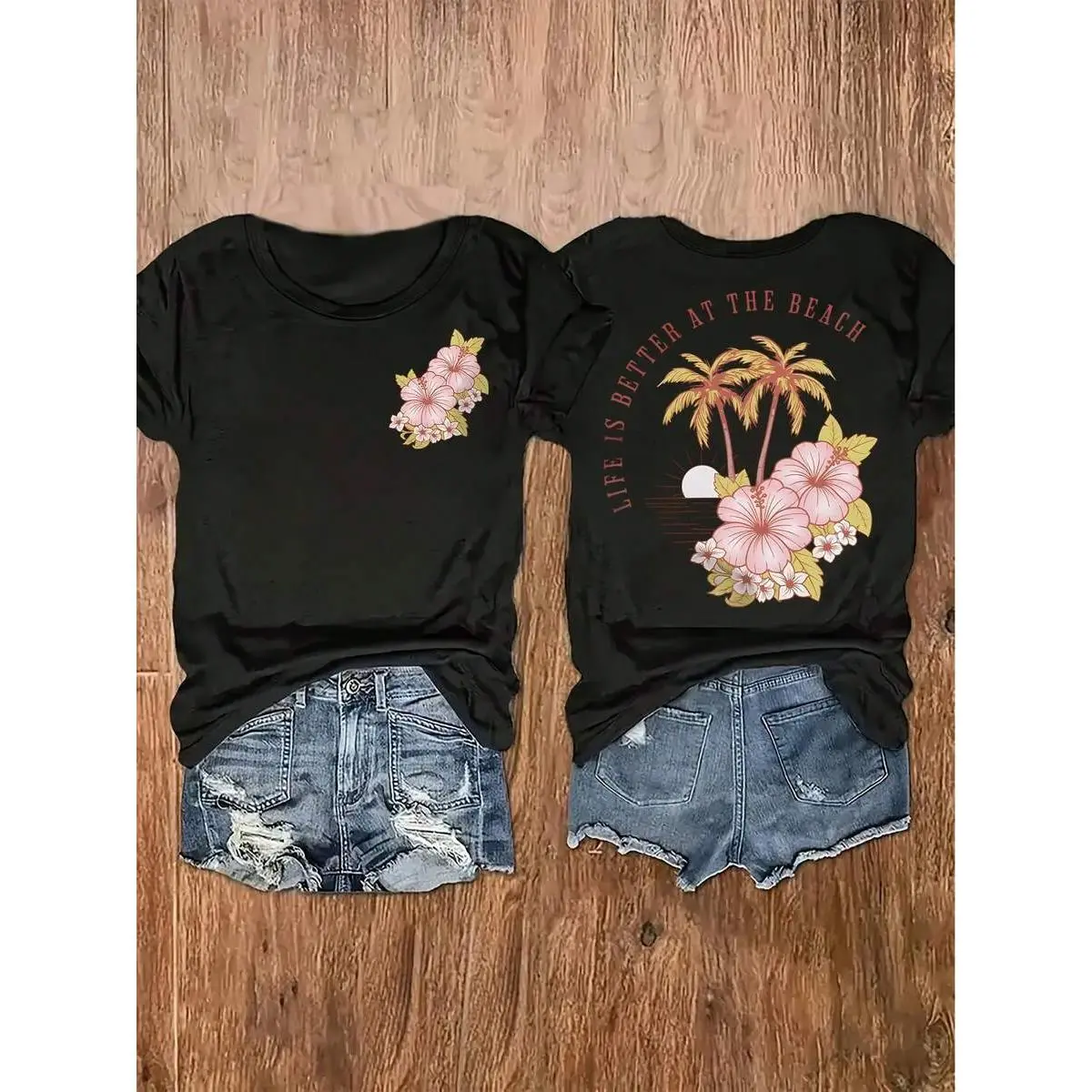 Tropical Hibiscus And Palm Print T-Shirt - "Beach Life Is Better" Short-Sleeved Round Neck Shirt, Lightweight Beach Top, Suitable For Spring And Summer Vacations, Casual Hawaiian Style Outfit, Gift For Sisters - Available In Stock Unisex