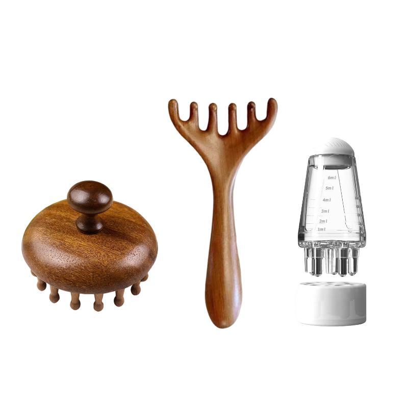 Wooden Scalp Massager Set, 3 Counts/set Manual Scalp Massager & Scalp Stimulator & Brush & Applicator Bottle, Heatless Hair Styling Tool for Home & Travel, Body Care