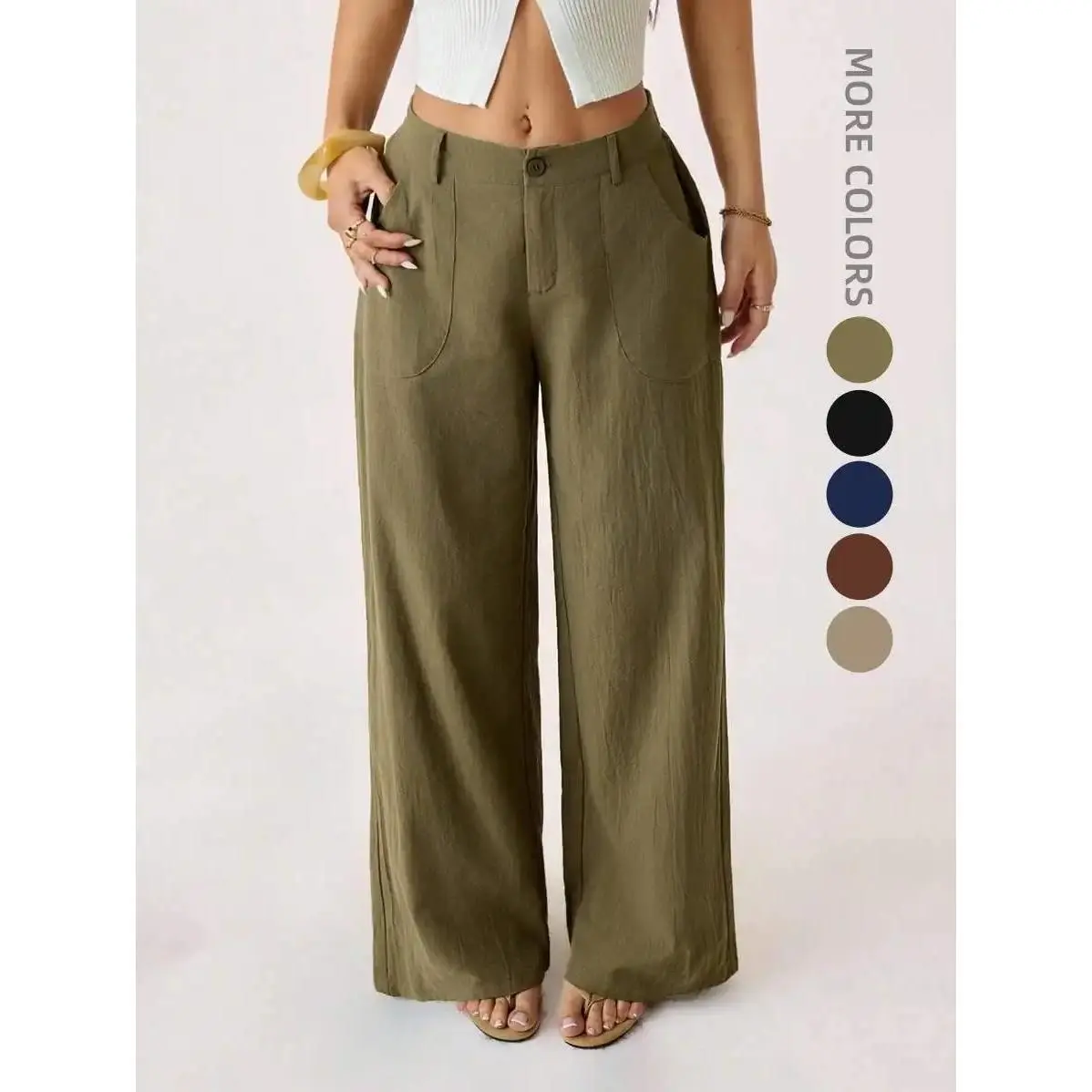 Women's High Waisted Wide Leg Linen-Feel Pants - Elastic, Lightweight, Slimming Wide-Leg Slacks with Button Front, Pockets, Slight Stretch, Plain Look Buttons Pants for Spring Summer Office Business Casual Wear