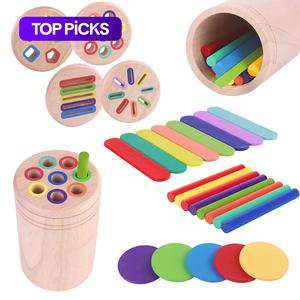 wooden color classification pen holder toy, 4 in 1  colorful wooden stick design shape recognition matching hand eye coordination puzzle toy