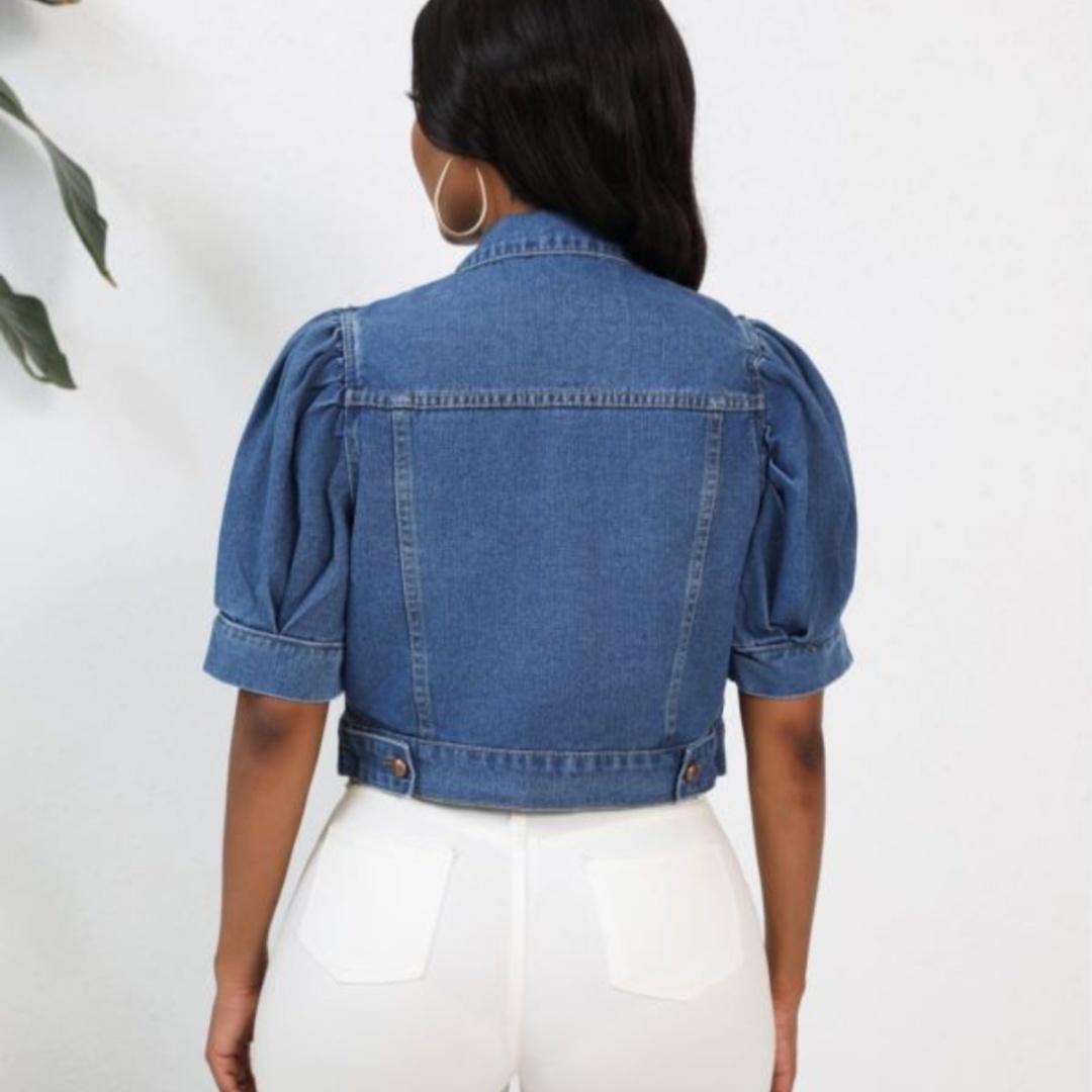 Puff Sleeve Cropped Denim Jacket | Short Sleeve Button-Up Jean Jacket | Casual Summer Denim Outerwear for Women 2026