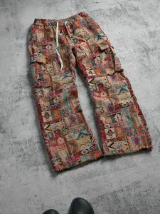 Men's Summer Breathable Ethnic Patchwork Workwear Bell Bottom Pants, Drawstring Waist Frayed Hem, Vintage Long Pants for All Seasons