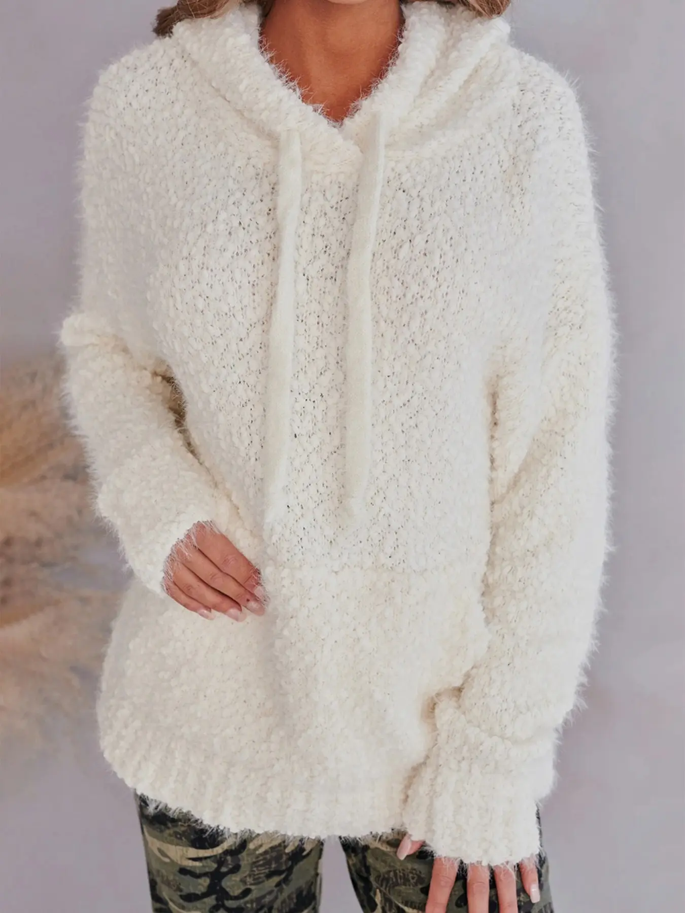 Women's Solid Drawstring Drop Shoulder Fuzzy  Hooded Sweater, Casual Long Sleeve Pocket Hooded Jumper for Fall & Winter, Women's Knitwear for Daily Wear