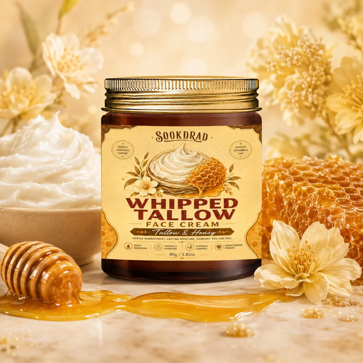 Whipped Tallow Face Cream, Honey Infused, Deep Nourish, Hydrate Skin, Hydrating Cream, Soothe Comfort, Support Skin Barrier, For Face, All Skin Types, 80g
