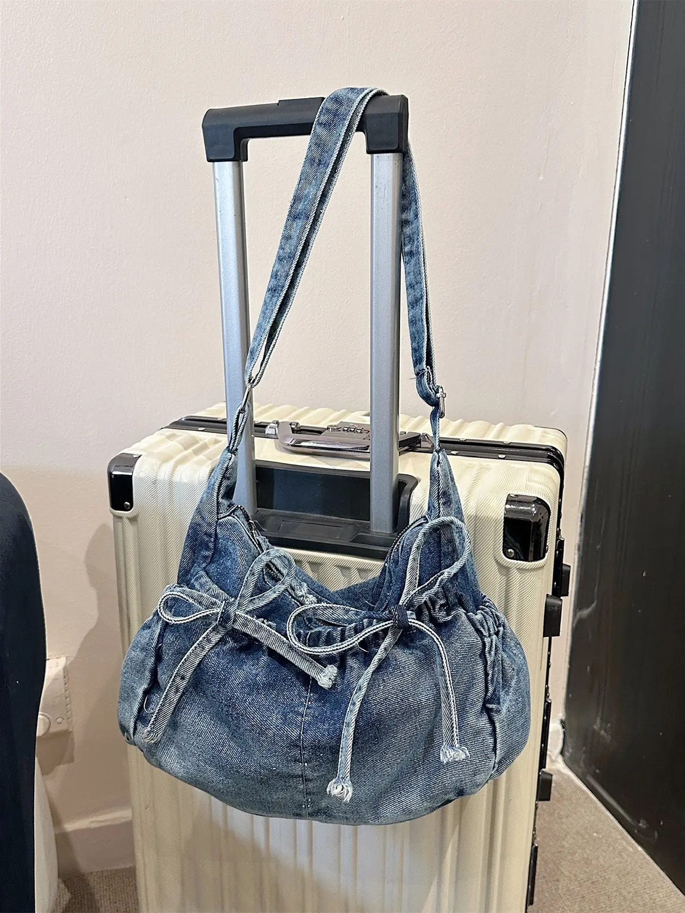denim dumpling bag, drawstring bow crossbody purse, washed distressed hobo bag, large capacity casual tote, adjustable wide strap shoulder bag, vintage jean bag for women
