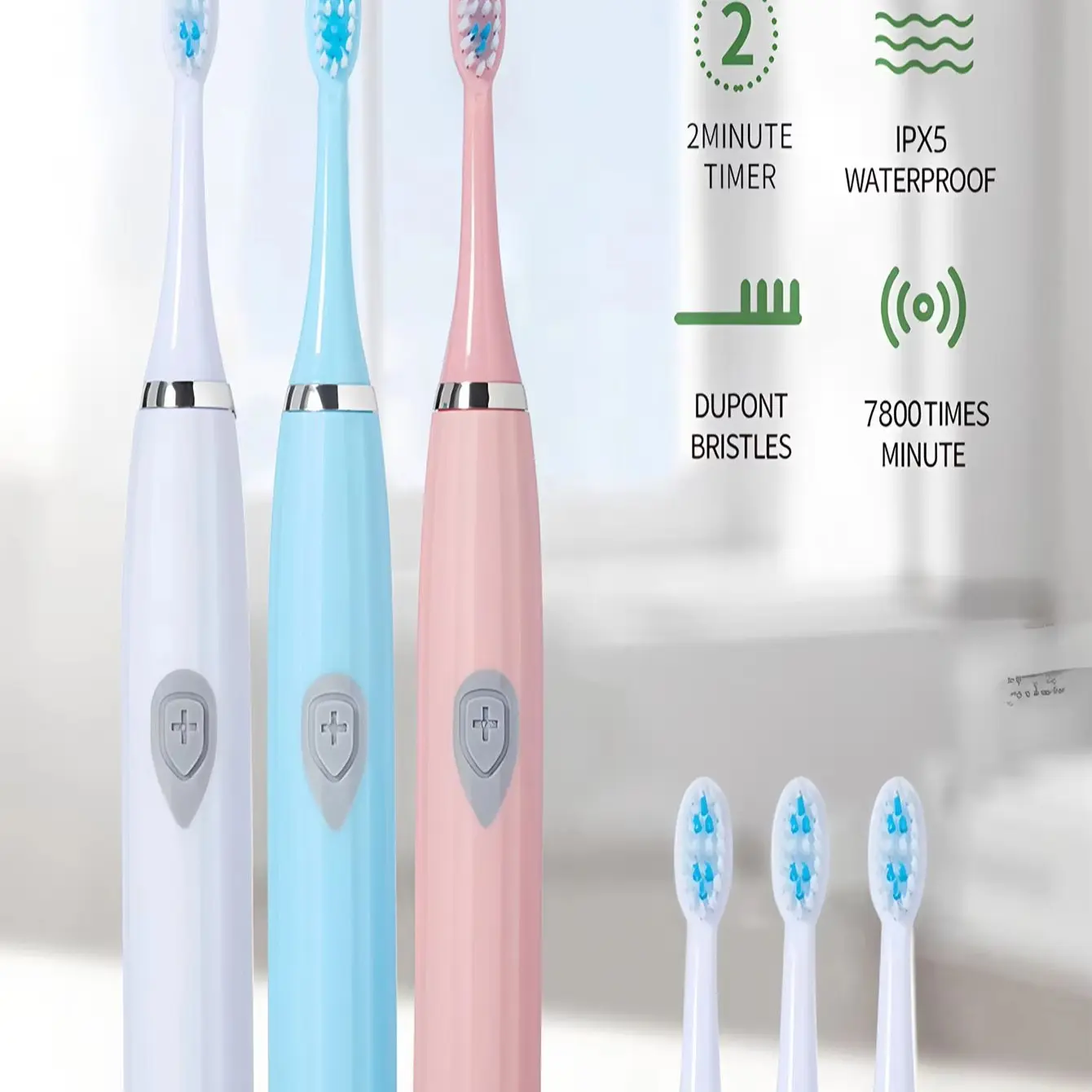 Battery-Powered Electric Toothbrush, Compact Design for Easy Portability, Includes Three Replacement Heads, Suitable for Kids and Adults