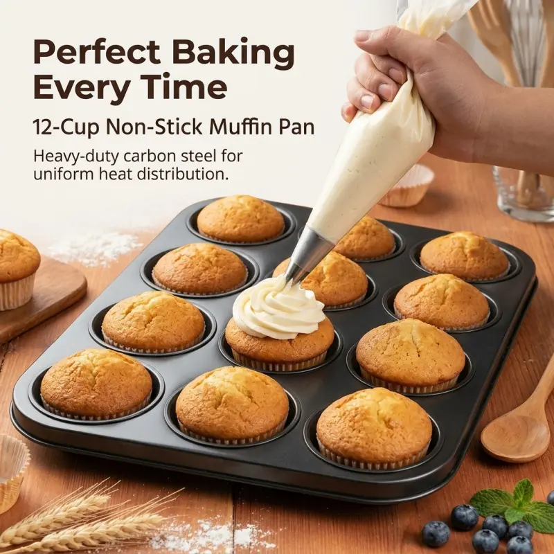 1 Piece 12-Cavity Nonstick Cupcake Baking Mold, Durable Carbon Steel Smooth Release Muffin Tin for Kitchen Homemade Pastry Dessert Baking