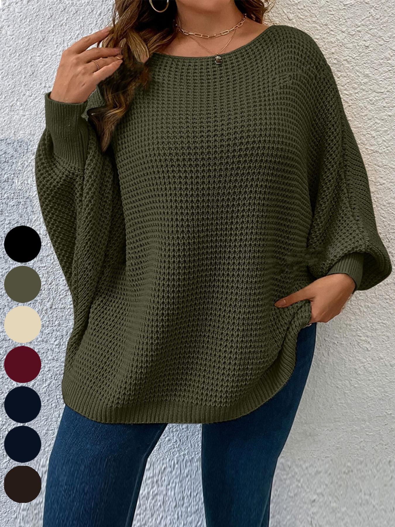 Plus Size Solid Batwing Sleeve Boat Neck Sweater Knitwear, Casual Long Sleeve Jumper for Fall, Plus Size Clothing for Daily Wear, Womenswear