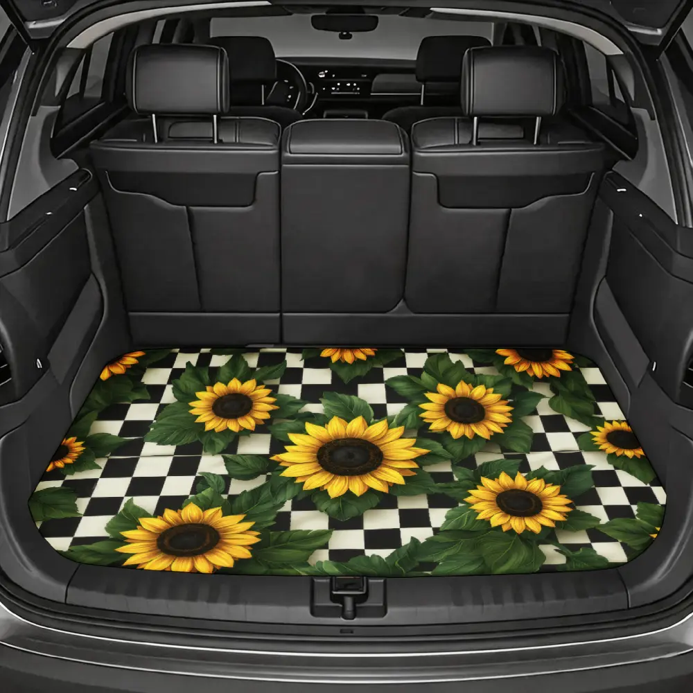 Retro Sunflower-Checkered Pattern Car Trunk Mat - Waterproof Non-Slip Fabric SUV Cargo Liner, Universal 1-Piece Fit for Pet & Grocery Protection