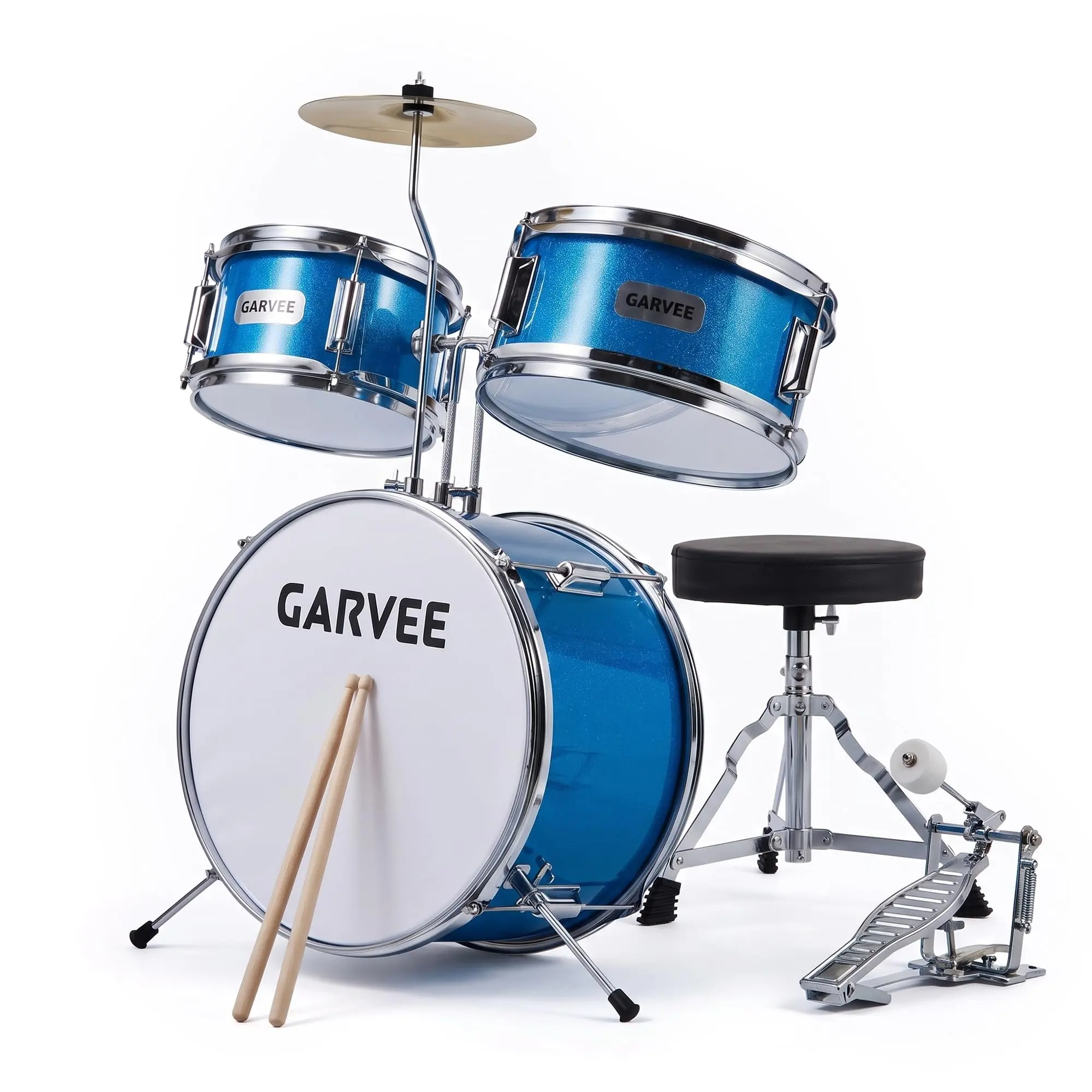 Garvee 3-Piece Drum Set featuring Bass Drum, Snare, Cymbal, and Adjustable Stand available in Blue, Gray, and Black colors, designed for versatile use and easy setup, ideal for beginners and enthusiasts