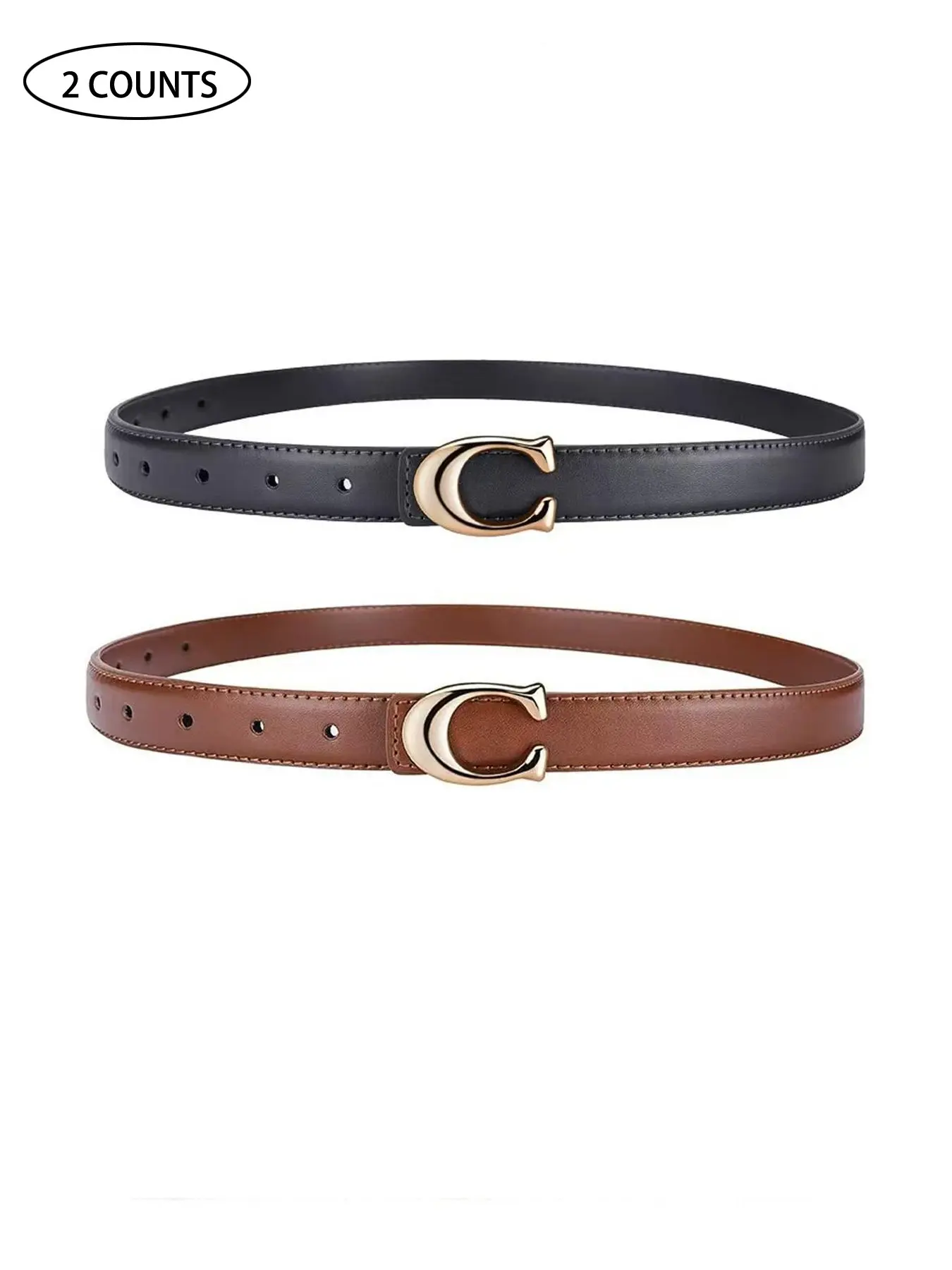 2pcs Women's New Fashion Belt, C-Shaped Alloy Buckle Design, Belt With Buckle, Casual Thin Waistband, Skinny Belts, Casual Trendy Waistband, Suitable for Jeans, Suits, Dresses, Versatile Fashion Belt