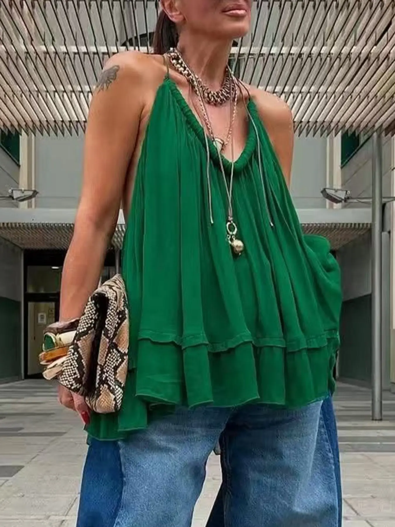 Green Halter Neck Tank Top Women Loose Fit Ruffle Hem Swing Cami Sleeveless Flowy Babydoll Blouse Casual Bohemian Summer Vacation Beach Resort Boho Tunic Layered Camisole Oversized Going Out Holiday Streetwear Lightweight Breezy Fashion Top