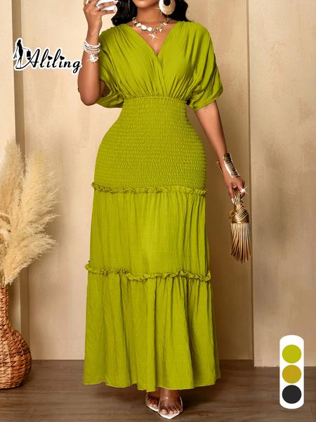 Aliling Elegant Women Dress Waist Shirred Long Dresses V Neck Short Sleeve Slim Solid Female Bodycon Casual Daily Wear Clothing