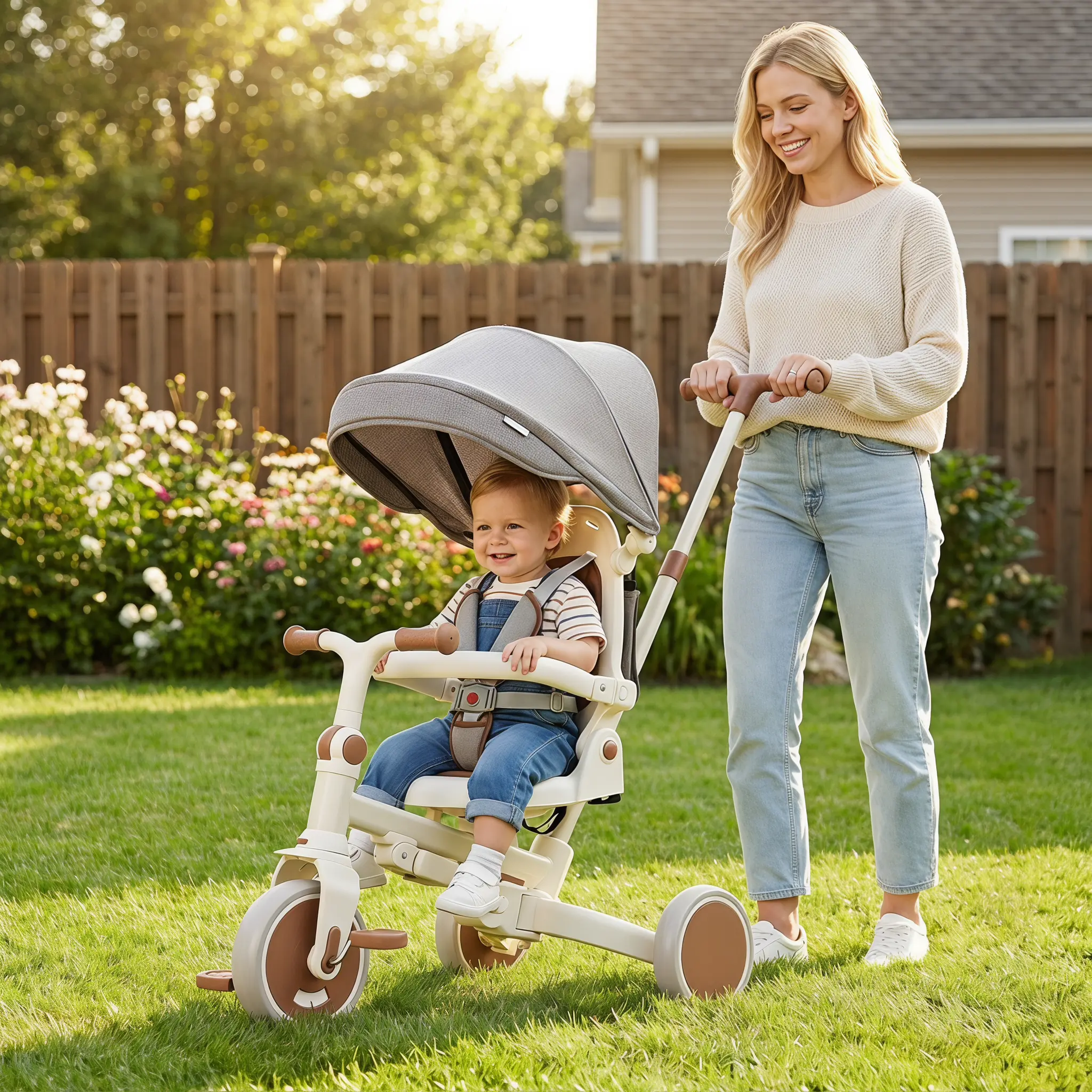 7-in-1 Multifunctional Foldable Unisex Baby Tricycle for 12-72 Months Toddlers, All-Seasons Ride-On Toy with Safe Removable Adjustable Parent Handle, Pedal, Canopy, Guardrail, Lightweight Ivory Brown Design