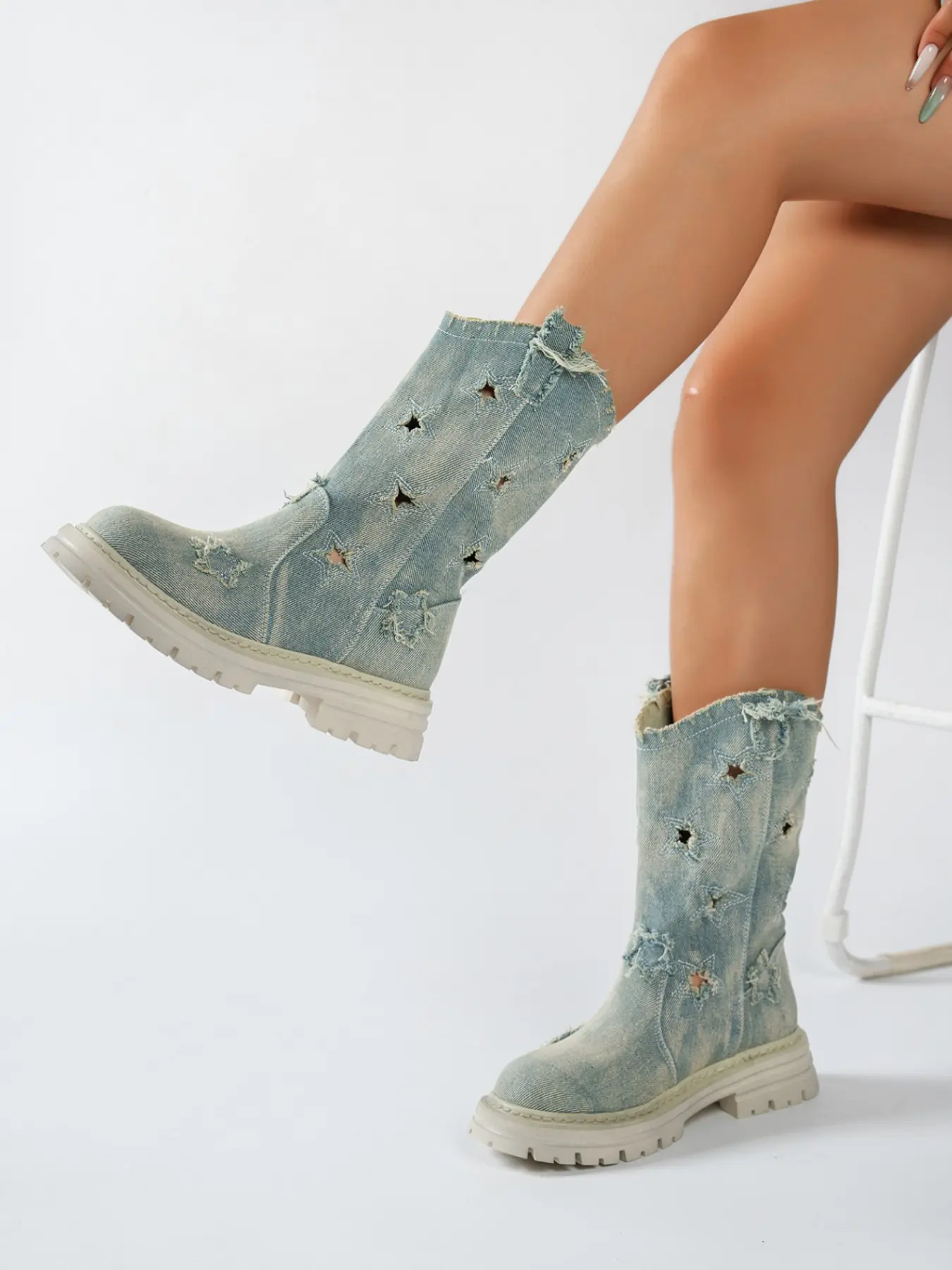 Women's Vintage Distressed Denim Mid-Calf Boots, Thick Sole Star Cutout Design, Comfortable Breathable, Streetwear Fashion, Casual