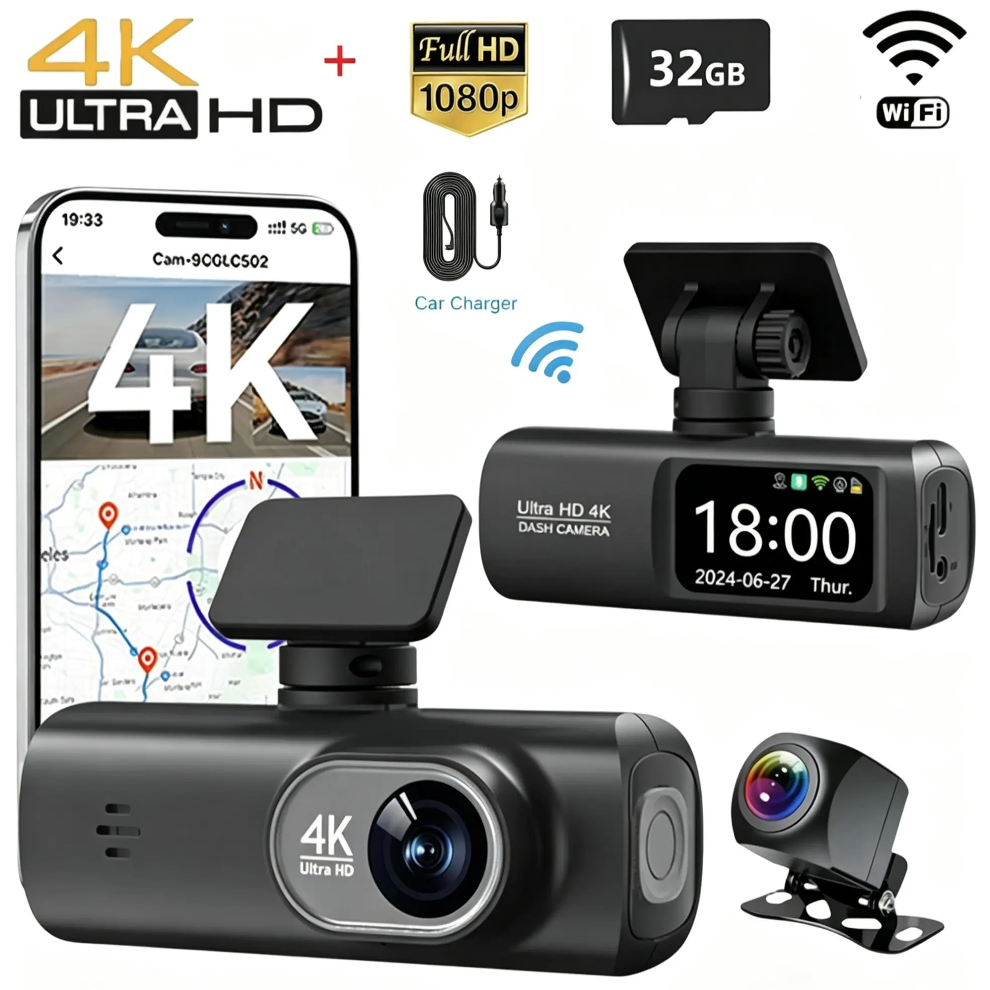 Must-Have Car Safety Gear for Family Vehicle Owners｜4K Non Wireless Dash Cam, Front 4K + Rear 1080P, Hardwired Powered, G-Sensor Crash Lock, WiFi, Superior Night Vision, Loop Recording Function, Free 32GB SD Card Included, Driving Recorder Black Box