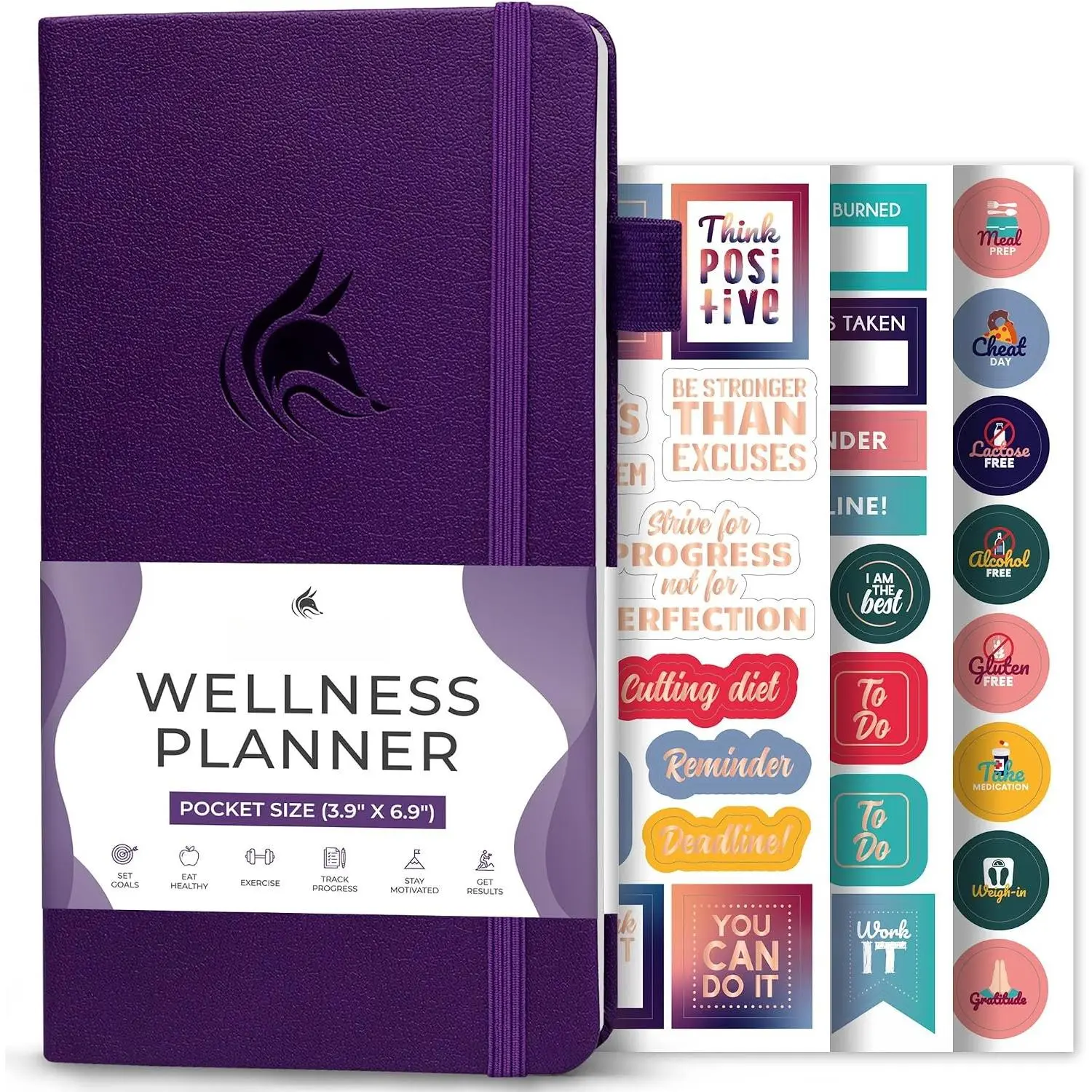 Women's 3.9"x6.9" Hardcover Synthetic Lay-Flat Planner & Journal, Nutrition & Exercise Tracker, Meal & Diet Diary, Symptom Log, Calorie Counter Notebook with Stickers