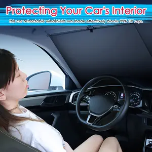 New Automatic Retractable Car Windshield Sunshade - Foldable front window sunshade blocks 99% of UV rays and heat, fits most cars, features a simple roll-up mechanism and suction cups (1 pair)