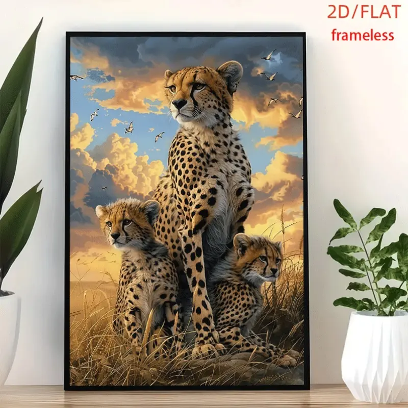 framelessCheetah Family At Golden Savanna Dusk Art Decor Print Poster, Wall Art for Living Room, Bedroom, Office, Dining Room & Bar, Perfect Gift & Home Decor, 12in x 16in