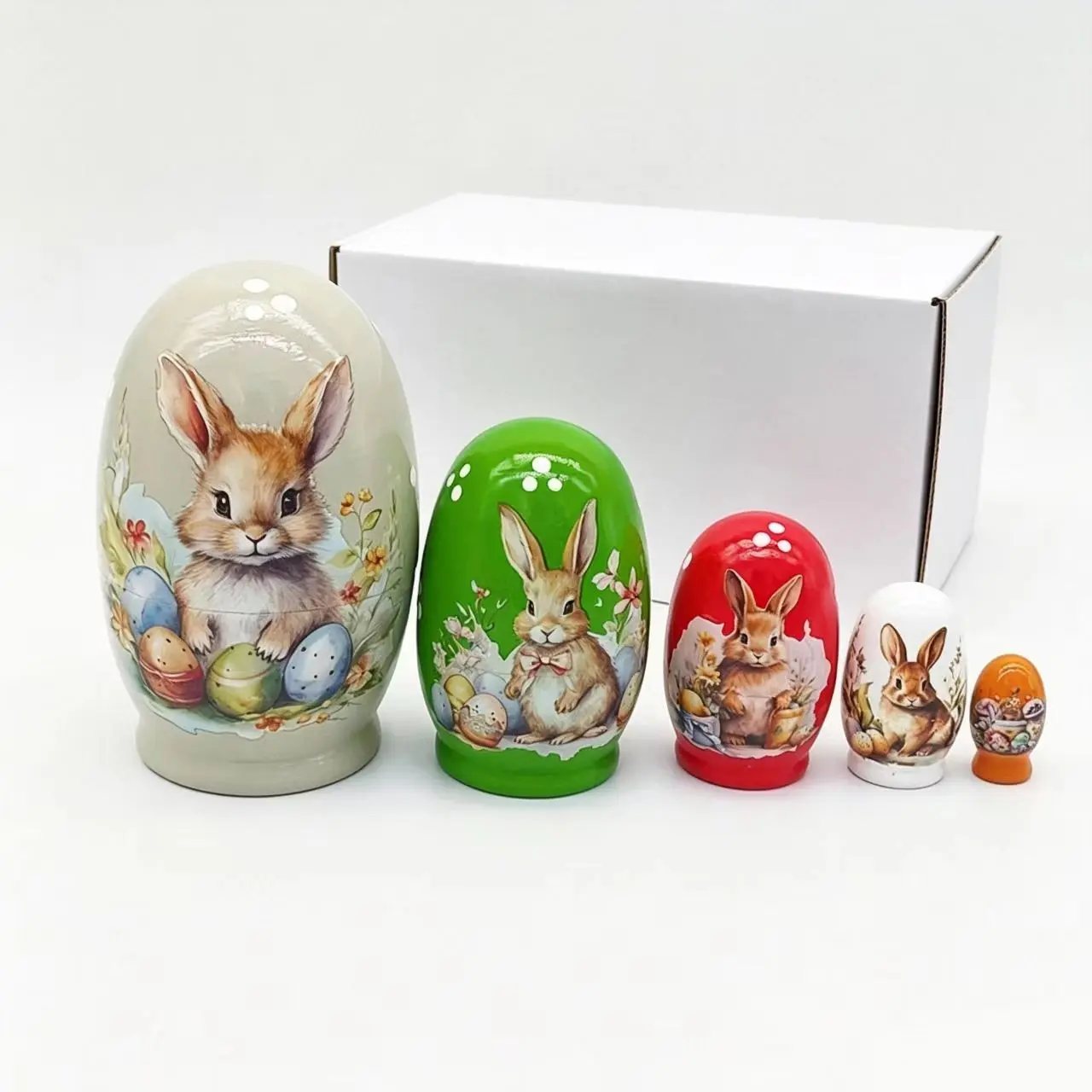 Five-Layer Bunny Russian Doll, Hand-Painted Wooden Nesting Toy, Eco-Friendly, Educational, Perfect Gift for Kids, Home Decor