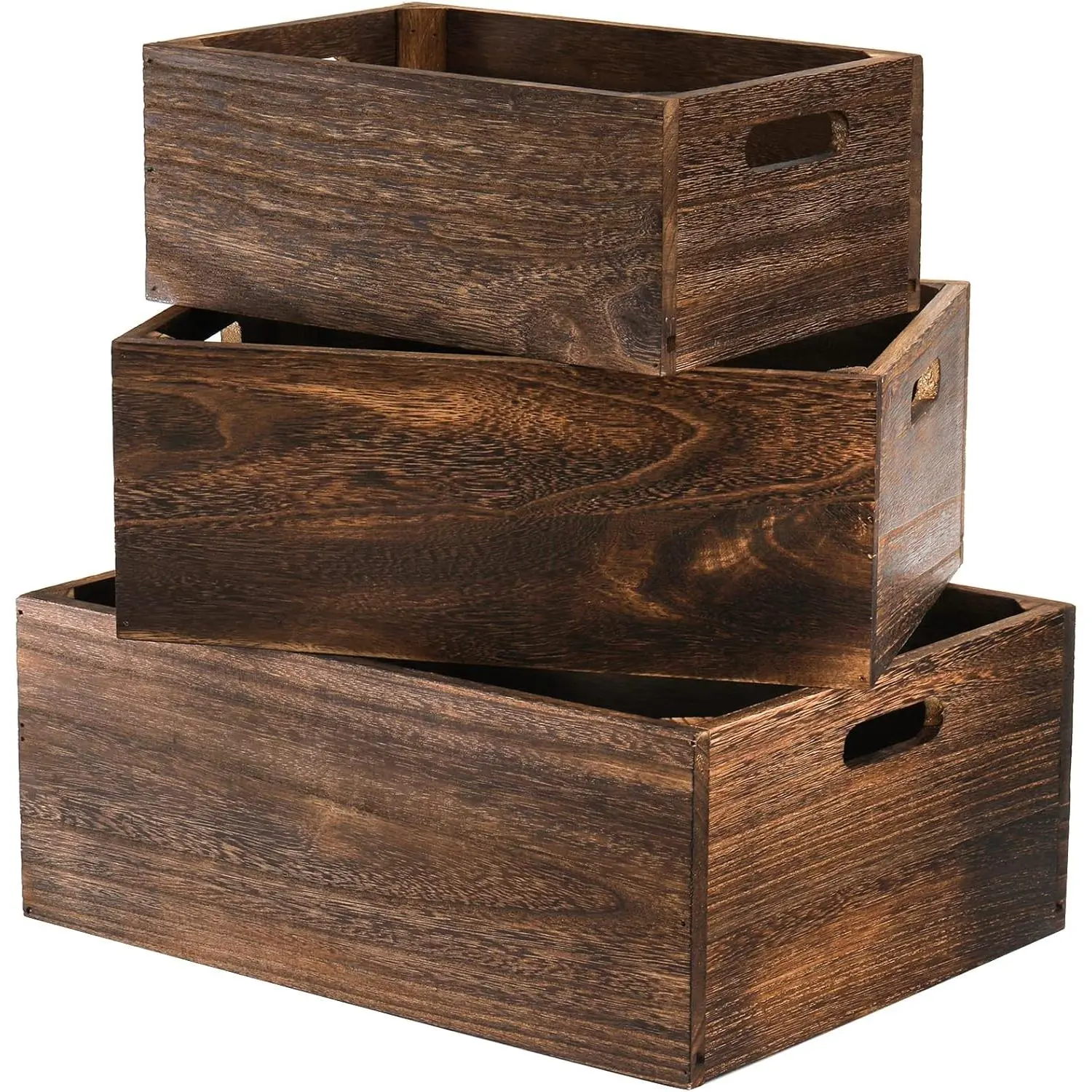 Set of 3 Wood Nesting Storage Crates with Handles - Decorative Farmhouse Wooden Crates Containers, Rustic Handmade Natural Solid Wood Basket for Home Organization