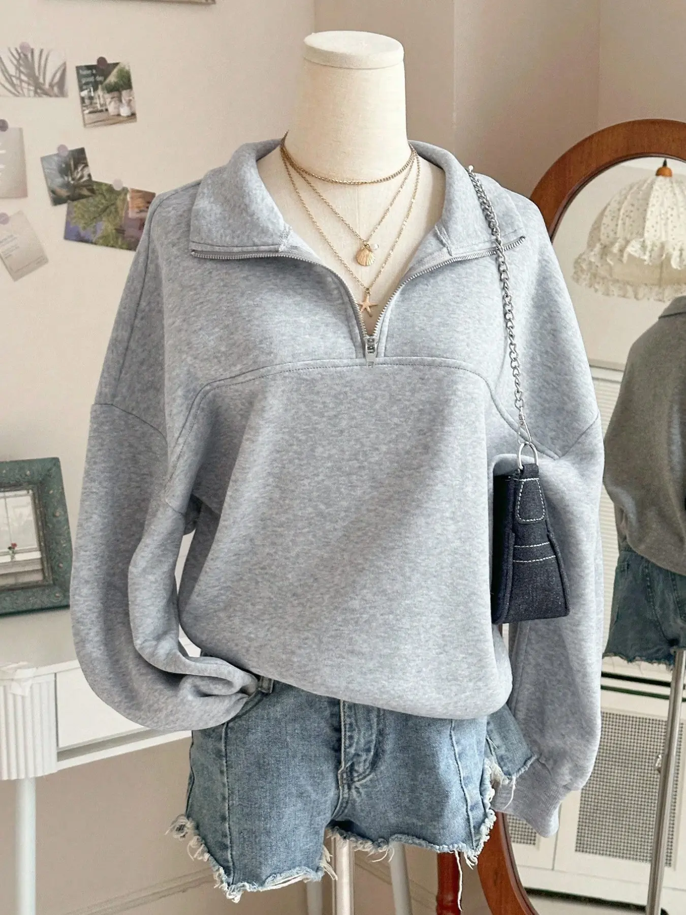 Women's Half-Zip Lapel Sweatshirt, Loose-Fit Drop Shoulder, Slimming and Versatile, Everyday Daily Commute Multi-Scene, Casual Basic Style