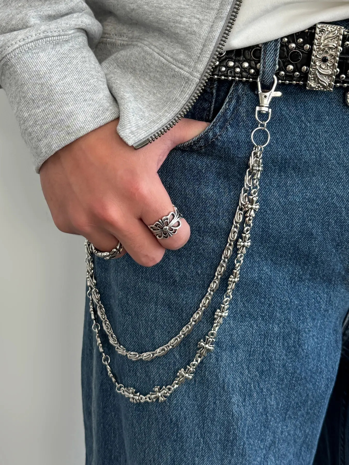 Vintage Gothic Metal Jeans Belt Chain, Cross and Floral Bead Mix Link, Unisex Streetwear Accessory, All Seasons Casual Fashion