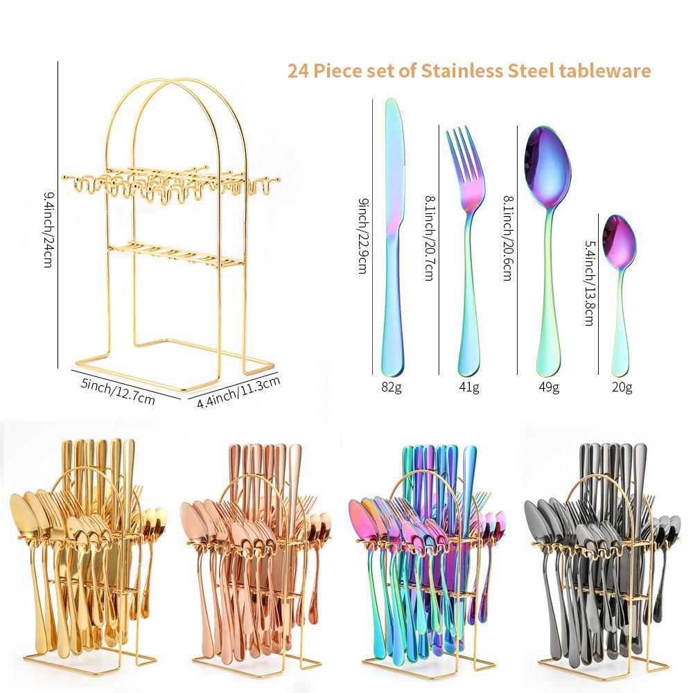 Cutlery Set, 24pcs Stainless Steel Flatware Set with Stand, Including Knife, Fork, Spoon, Hanging Stainless Steel Utensils Set, Gold Cutlery Set