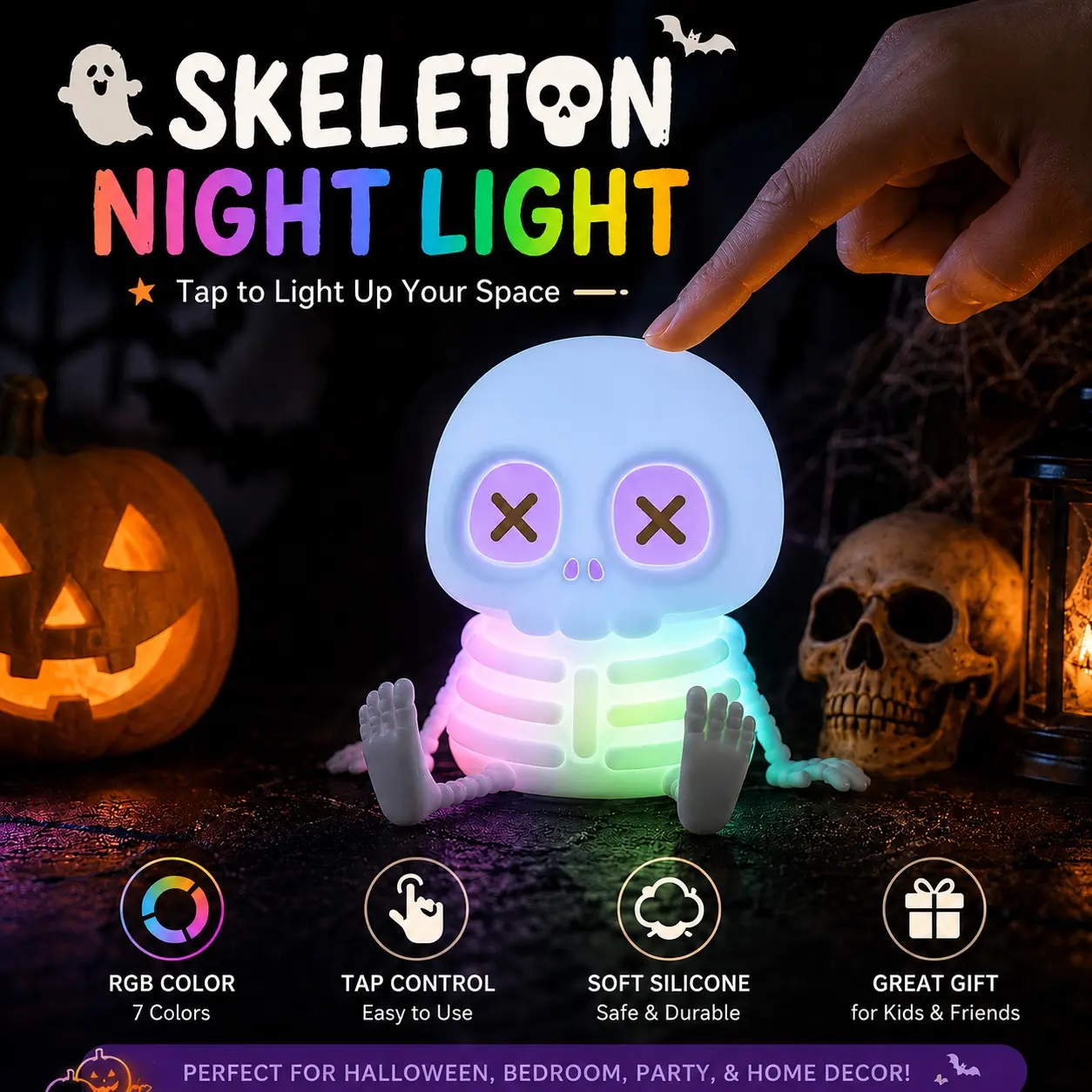 Gothic Skull Silicone Touch Night Light, Cute Skeleton Tap Lamp with RGB Color Changing Lights, Darks Aesthetic Bedroom Bedside Lamp, Spooky Room Home Decor, Ideal Halloween Party & Holiday Gift