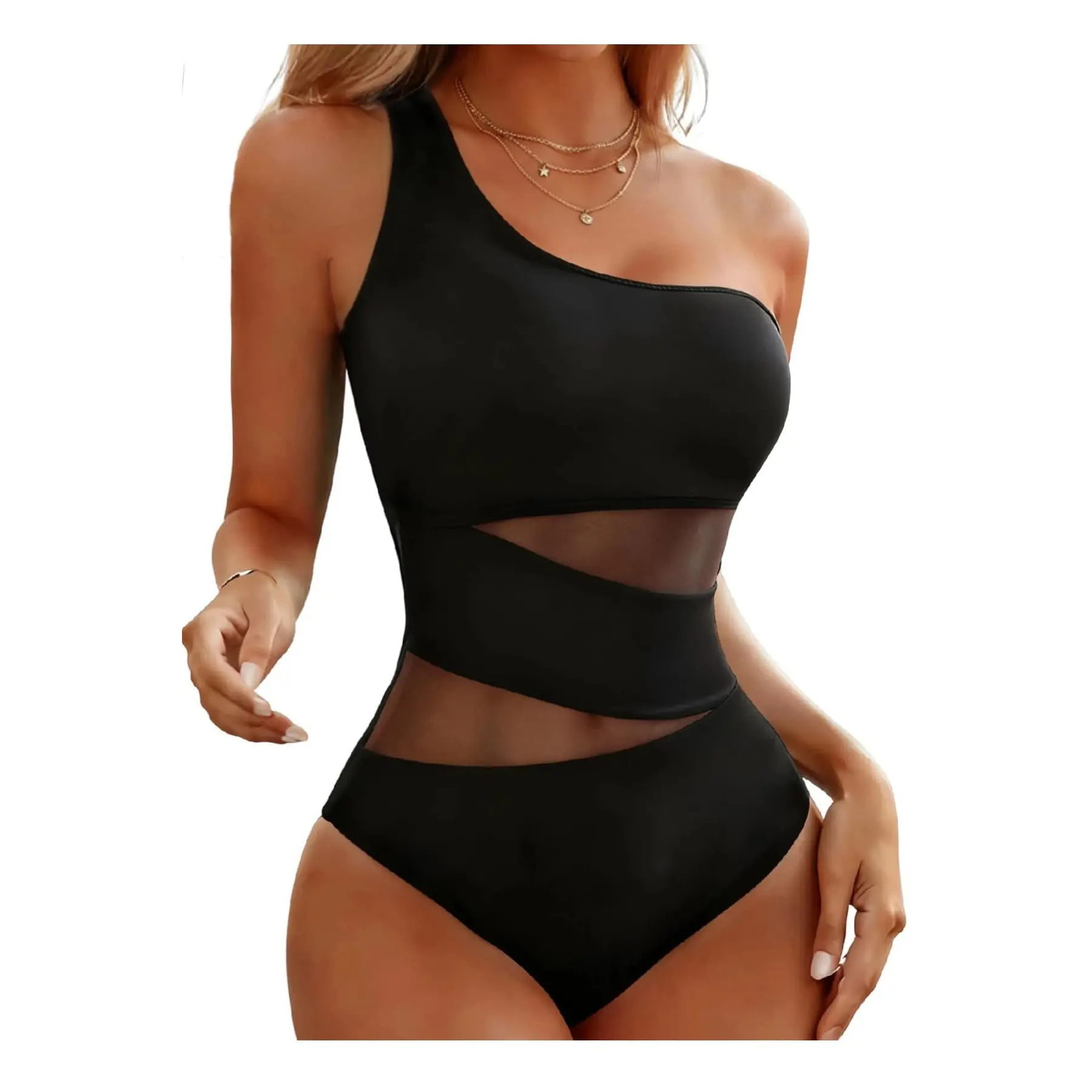 Tempt Me Women One Shoulder One Piece Swimsuits Full Coverage Cutout Mesh Sexy Bathing Suits Tummy Control Swimwear