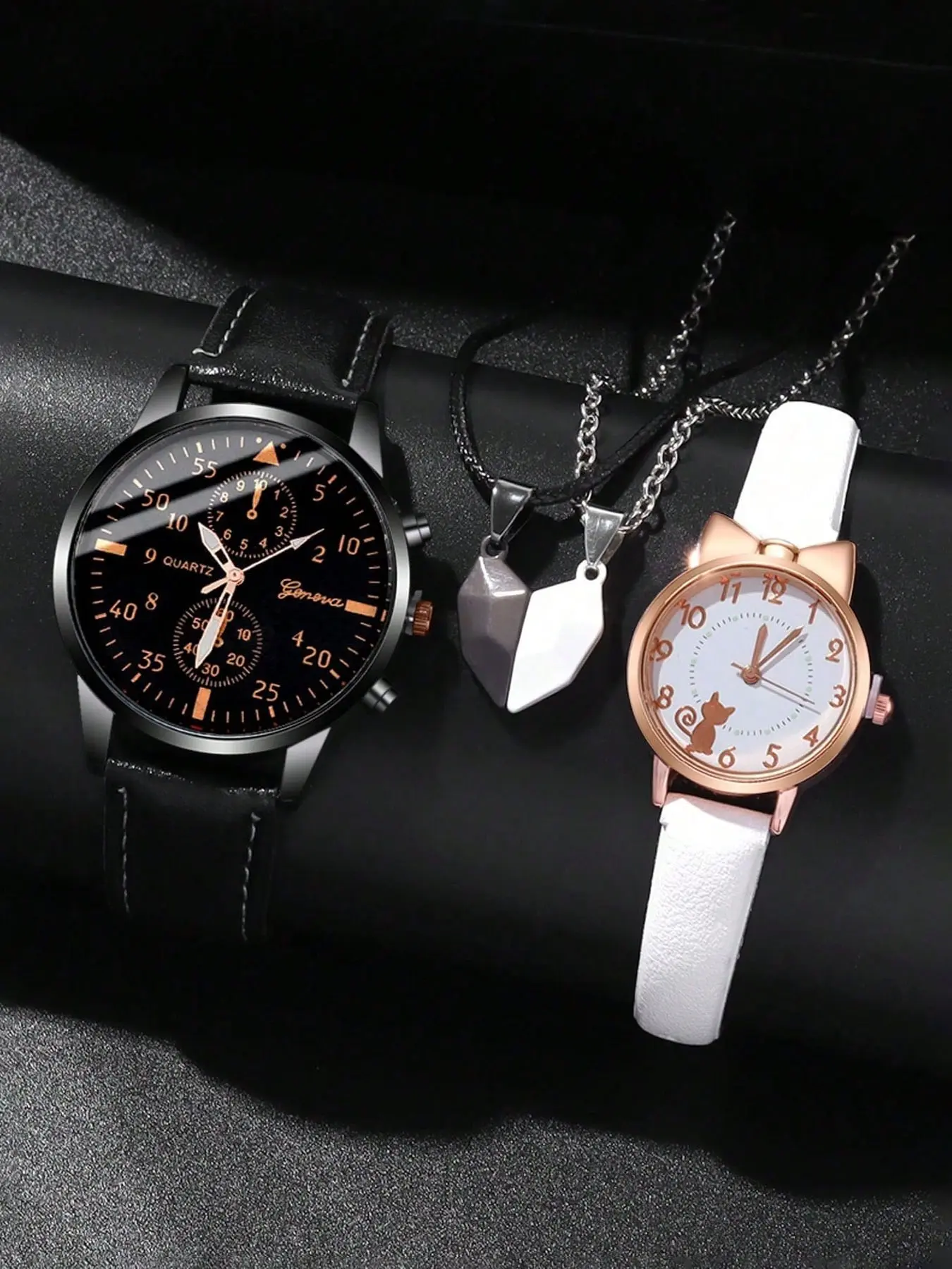 4-piece fashionable and exquisite set, simple round quartz watch, round couple logo with heart-shaped pendant, couple necklace set