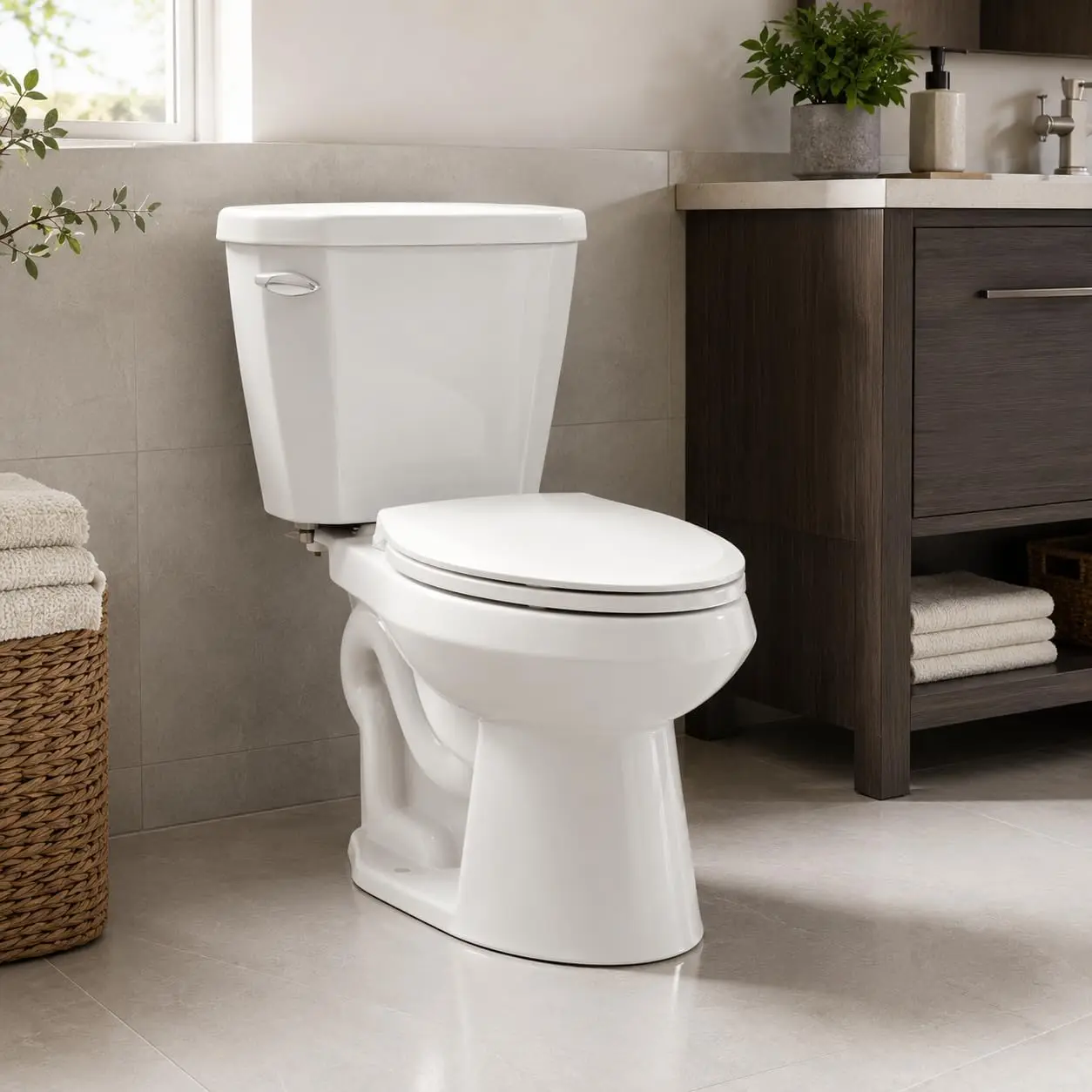 ADA Compliant Comfort Height Round Toilet - Two-Piece White Ceramic, Soft Close Seat, 1.28 GPF Siphonic Flush, 12" Rough-In, Easy Clean, Bathroom Fixture - Size: Round