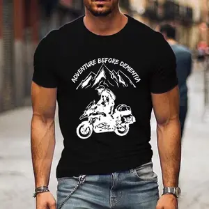 Single Side Print Black And White Motorcycle Adventure Quote T-Shirt Mountain Rider Graphic Tee Casual Short Sleeve Shirt for Men
