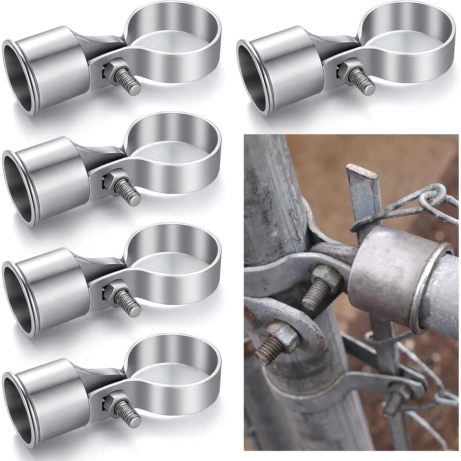 5-Pack Chain Link Rail End Assembly, 1-7/8" Centre Brace Band & 1-3/8" Fence Rail End Cup, Hardware Parts for Residential & Industrial Perimeter Security Fencing