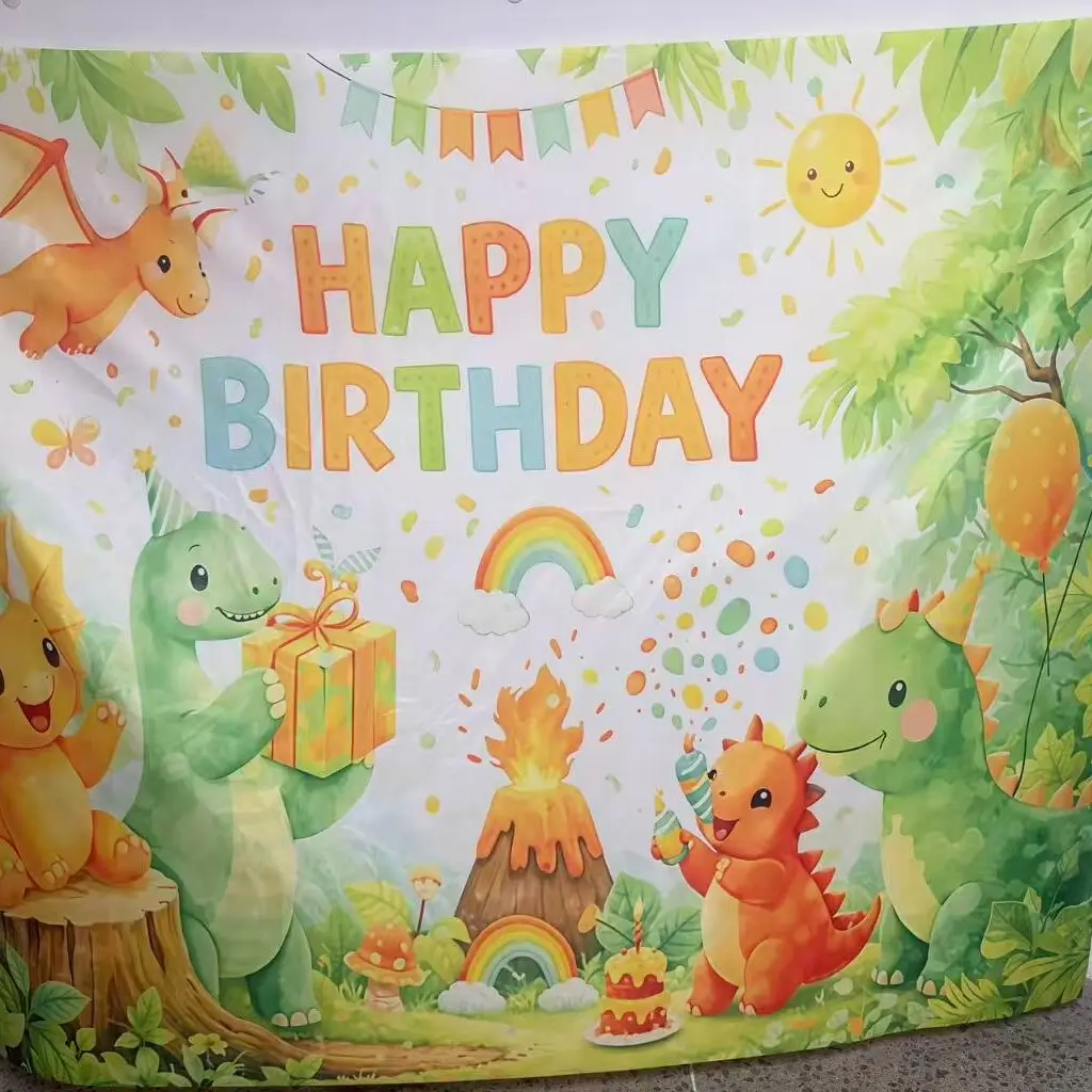 1PC， Cute dinosaur birthday background banner, dinosaur jungle themed photography background, made of polyester material, suitable for photo booths, parties, birthdays, celebrations, and indoor and outdoor home wall decoration