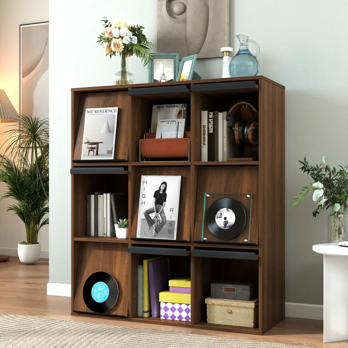 [Bellemave] 3*3 Cubby Cube Storage Bookcase with Flip Doors, Nine Compartment Cube Organizer Cabinet, Freestanding Display Bookshelf for Living Room Bedroom Office