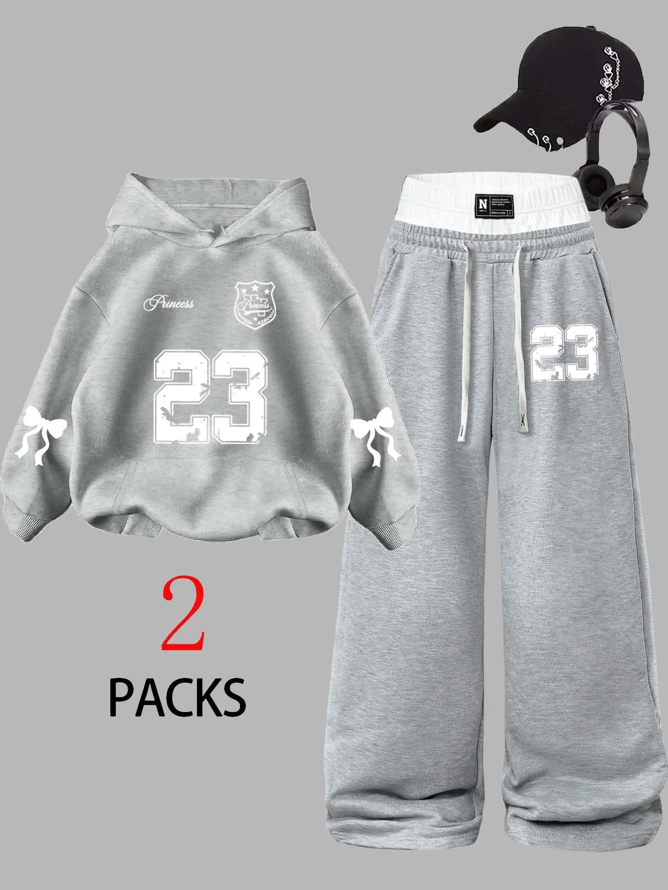 Sweet Cool Girl Vintage Number 23 Sweatshirt Set, Fall Winter Loose Fit Hoodie and Wide Leg Pants, Casual Two-Piece, Colors