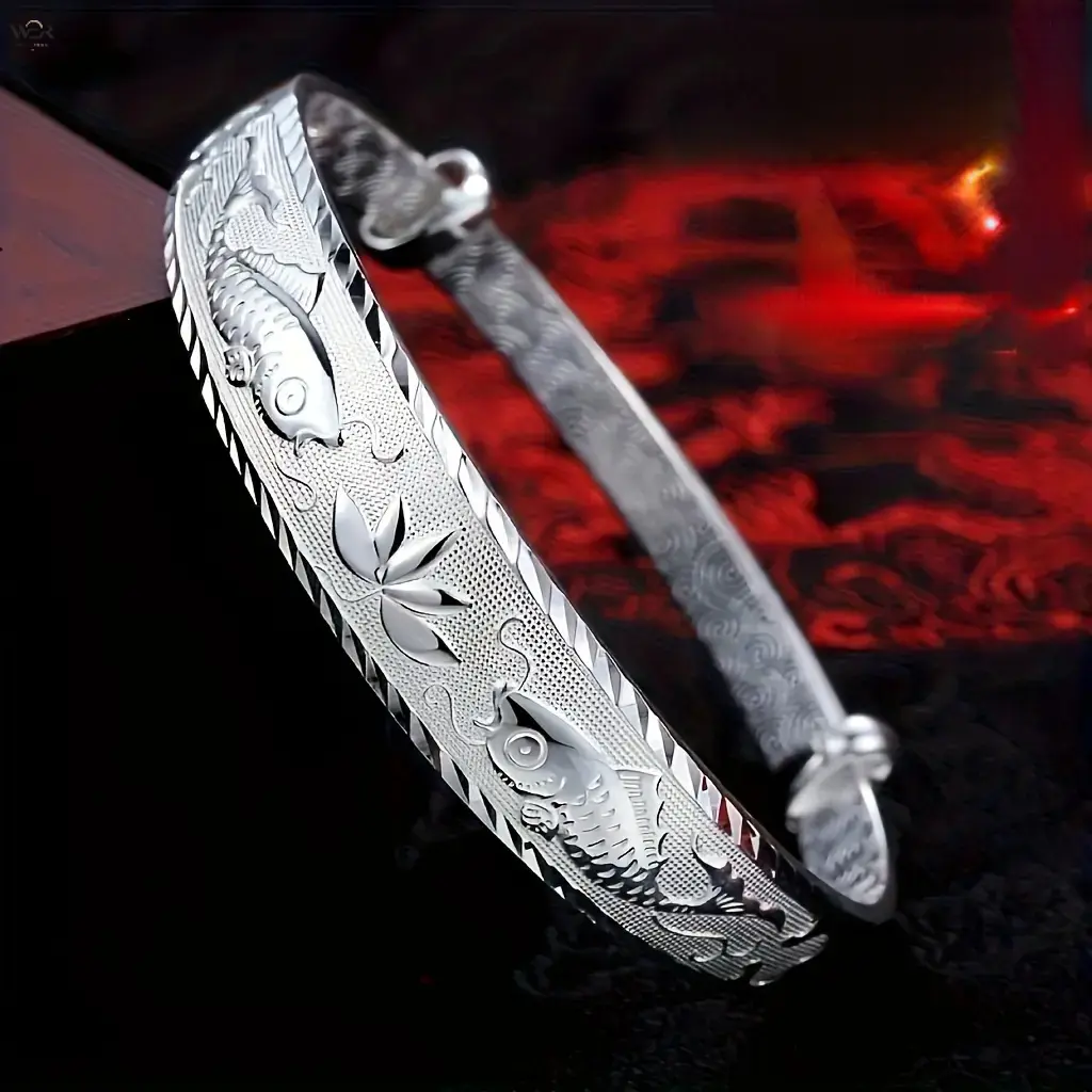 Adjustable Silver Bangle Bracelet for Women, Retro Carved Koi Fish Lotus Flower Wide Cuff Bracelet, Lucky Feng Shui Jewelry Gift for Mom Grandma